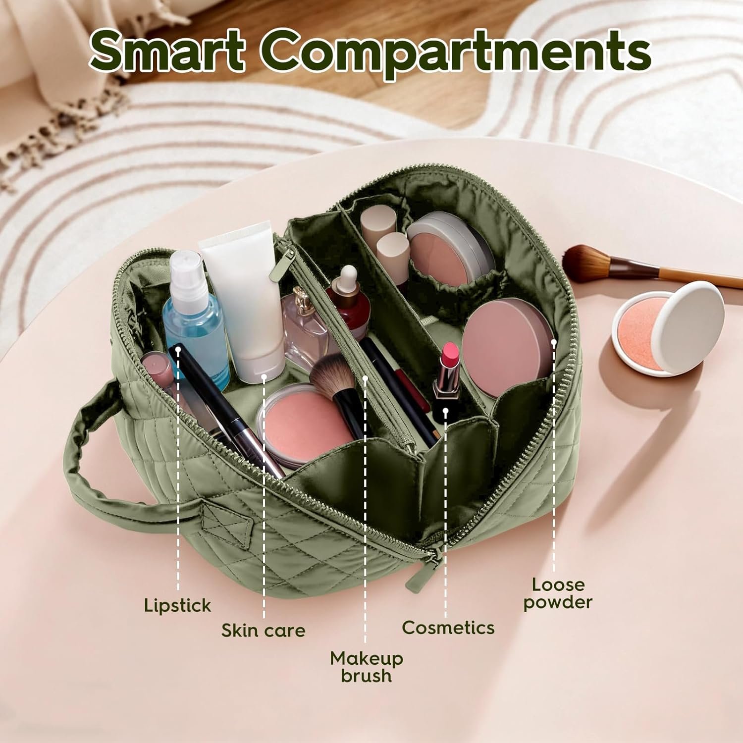 Custom Logo Quilted Makeup Bag | Private Label Cosmetic Organizer | Waterproof Travel Toiletry Pouch Manufacturer for Women (Green)