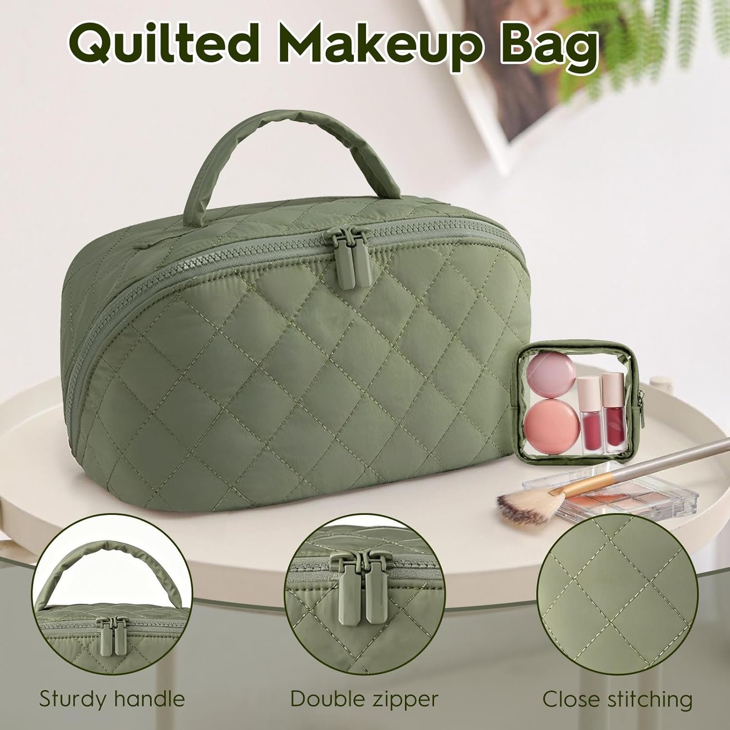 Custom Logo Quilted Makeup Bag | Private Label Cosmetic Organizer | Waterproof Travel Toiletry Pouch Manufacturer for Women (Green)