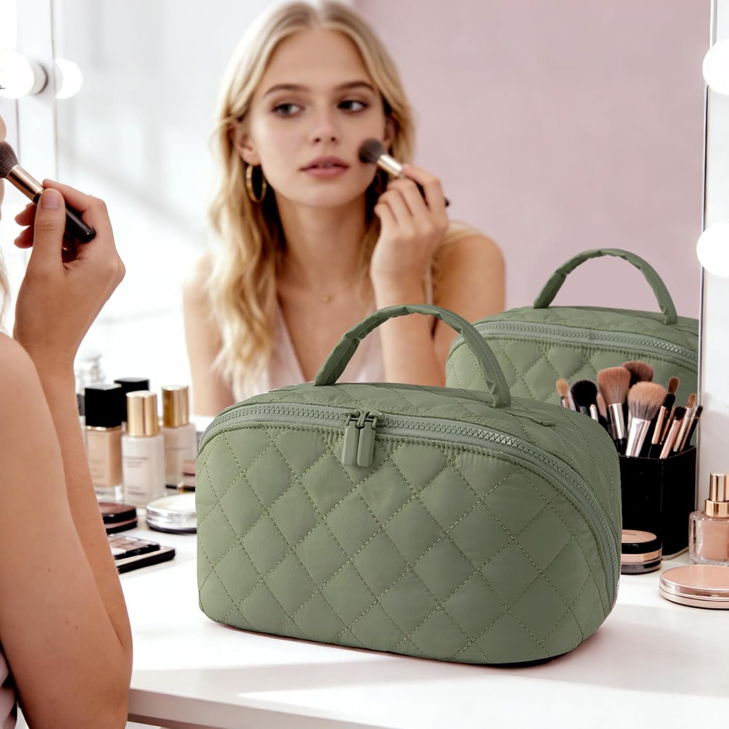 Custom Logo Quilted Makeup Bag | Private Label Cosmetic Organizer | Waterproof Travel Toiletry Pouch Manufacturer for Women (Green)