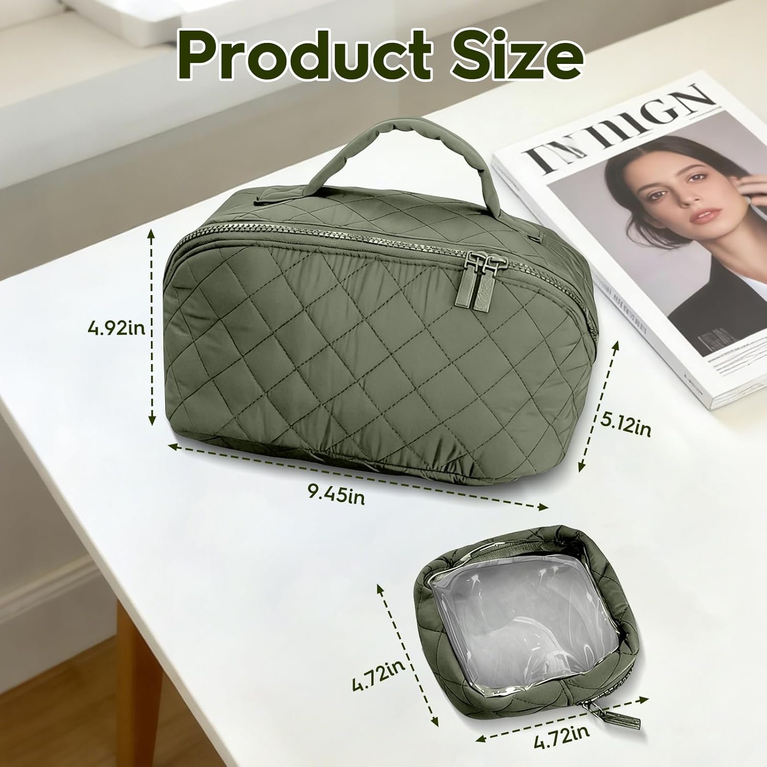 Custom Logo Quilted Makeup Bag | Private Label Cosmetic Organizer | Waterproof Travel Toiletry Pouch Manufacturer for Women (Green)