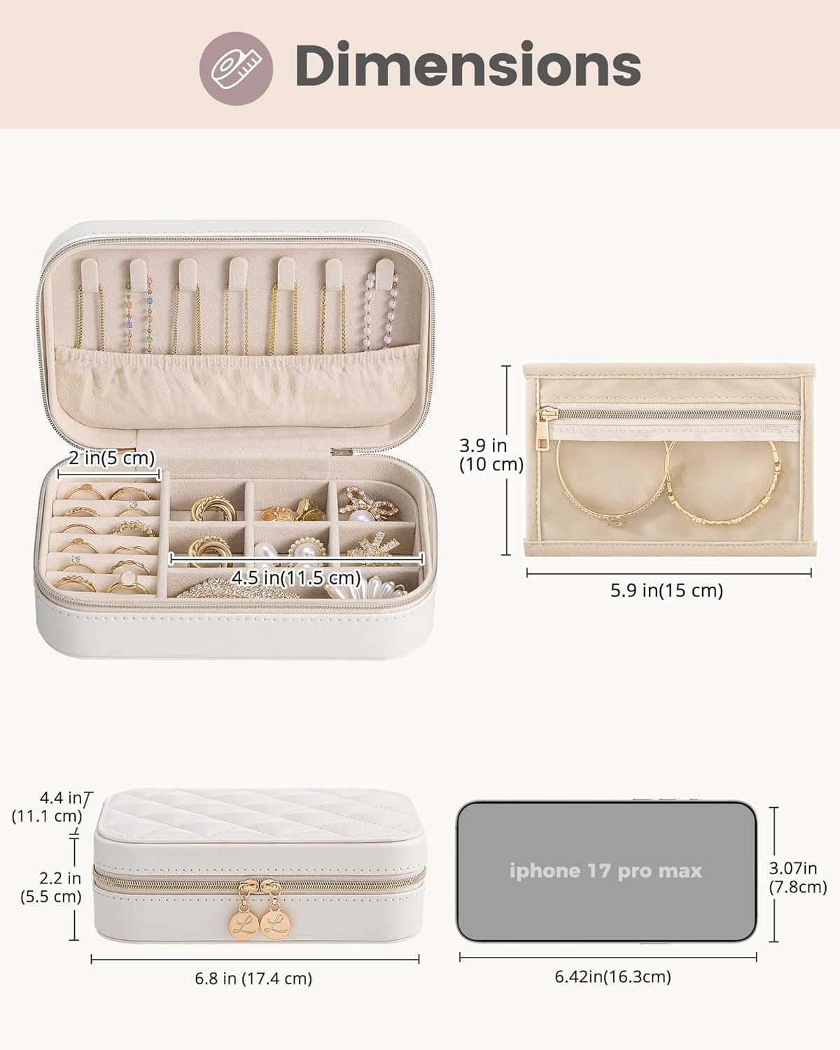 Custom Logo Travel Jewelry Case for Women & Girls with Clear Storage Bag Small Portable Jewelry Organizer Factory for Necklace Bracelet Earring Ring Birthday Bridesmaid Gifts Private Label -Medium/Beige