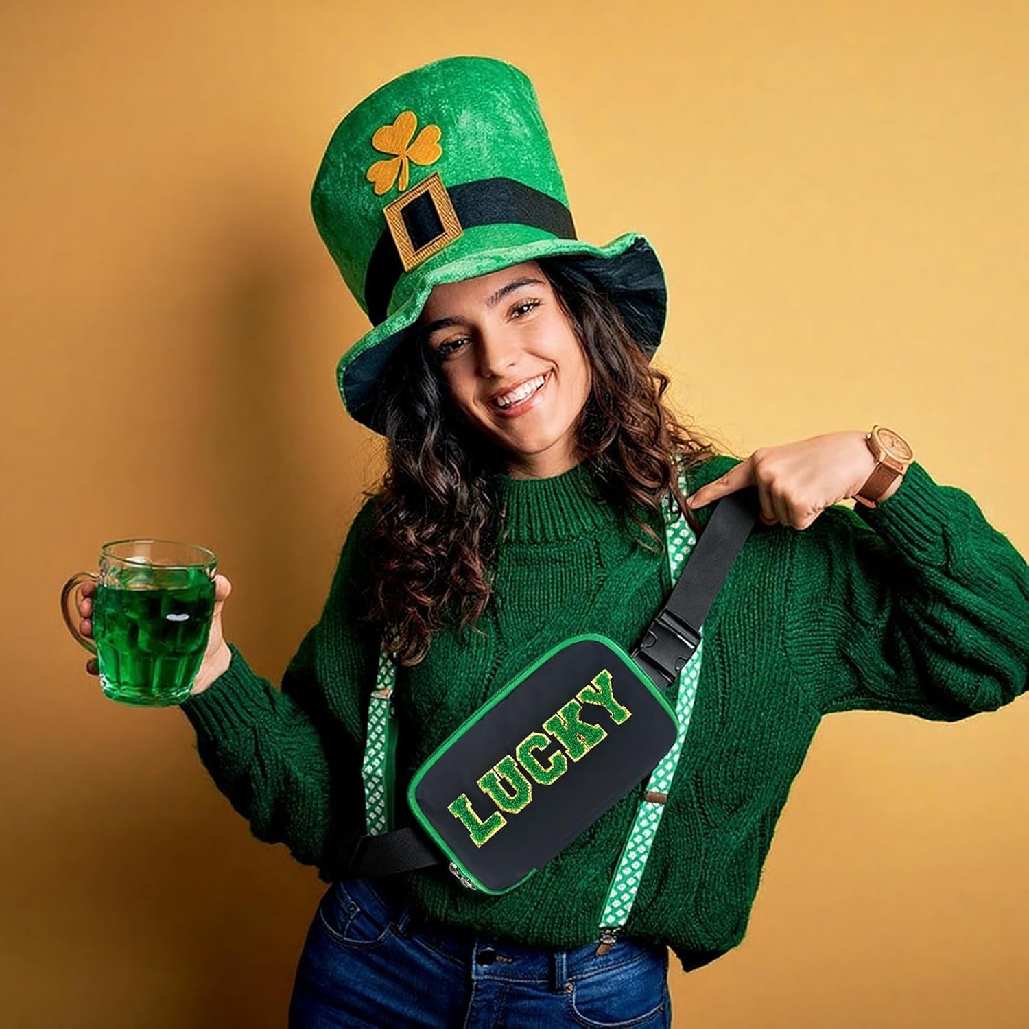Private Label St. Patrick's Day Fanny Pack for Women with Custom Logo Insulated Belt Bag Cooler for 3 Cans Drink Irish Lucky Chenille Letter Waist Bag Purse Factory
