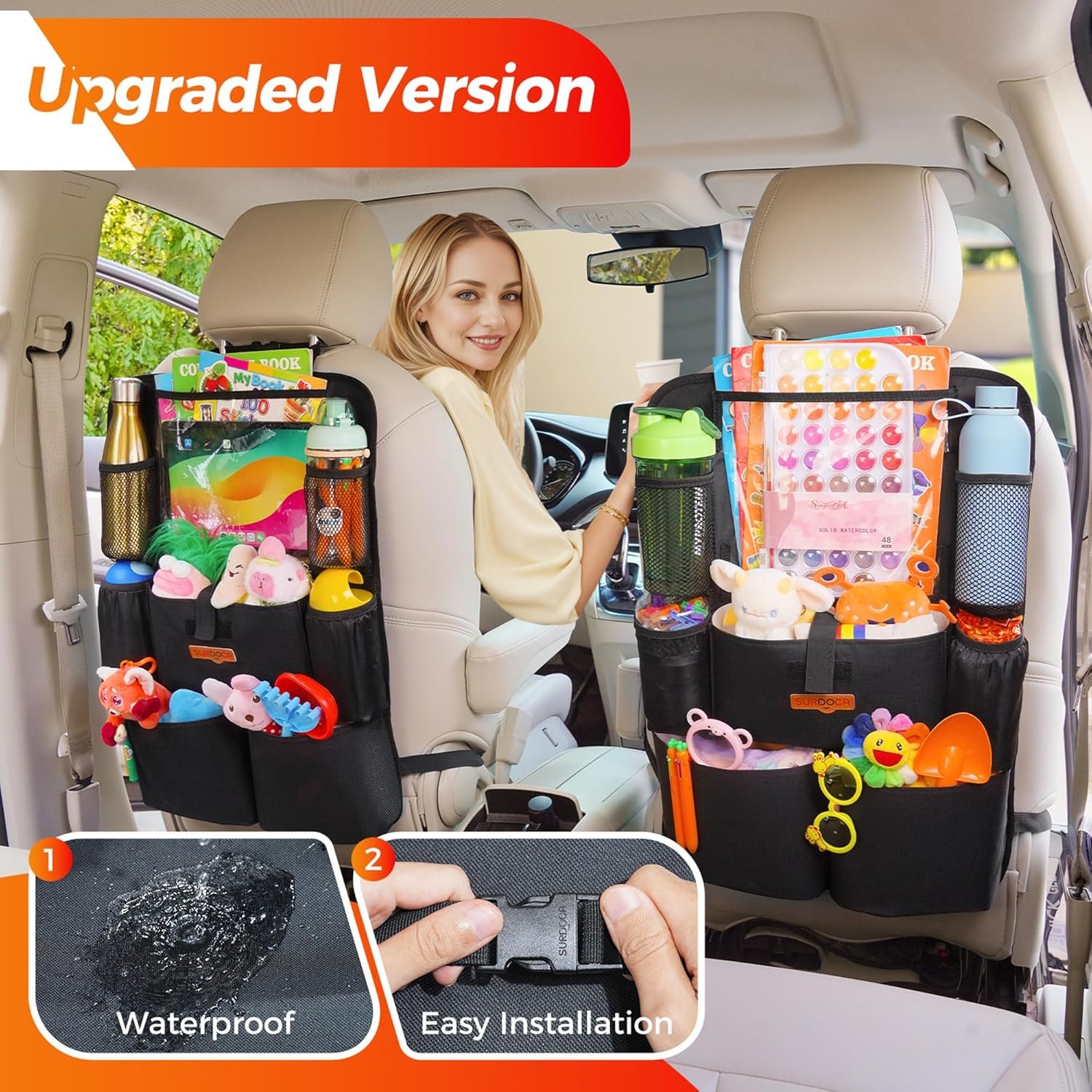 Private Label Upgraded Car Organizer with Custom Logo 11-inch Tablet Holder 8 Pockets Factory Car Seat Protector for Road Trips Kids Storage Organizers