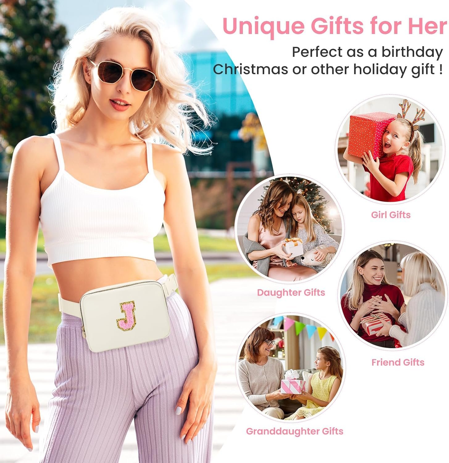 Private Label Personalized Initial Letter Fanny Pack for Women Girls Trendy Travel Crossbody Belt Bags Mini Fashion Waist Packs with Adjustable Strap and Custom Logo Gifts for Her from Factory (Beige J)