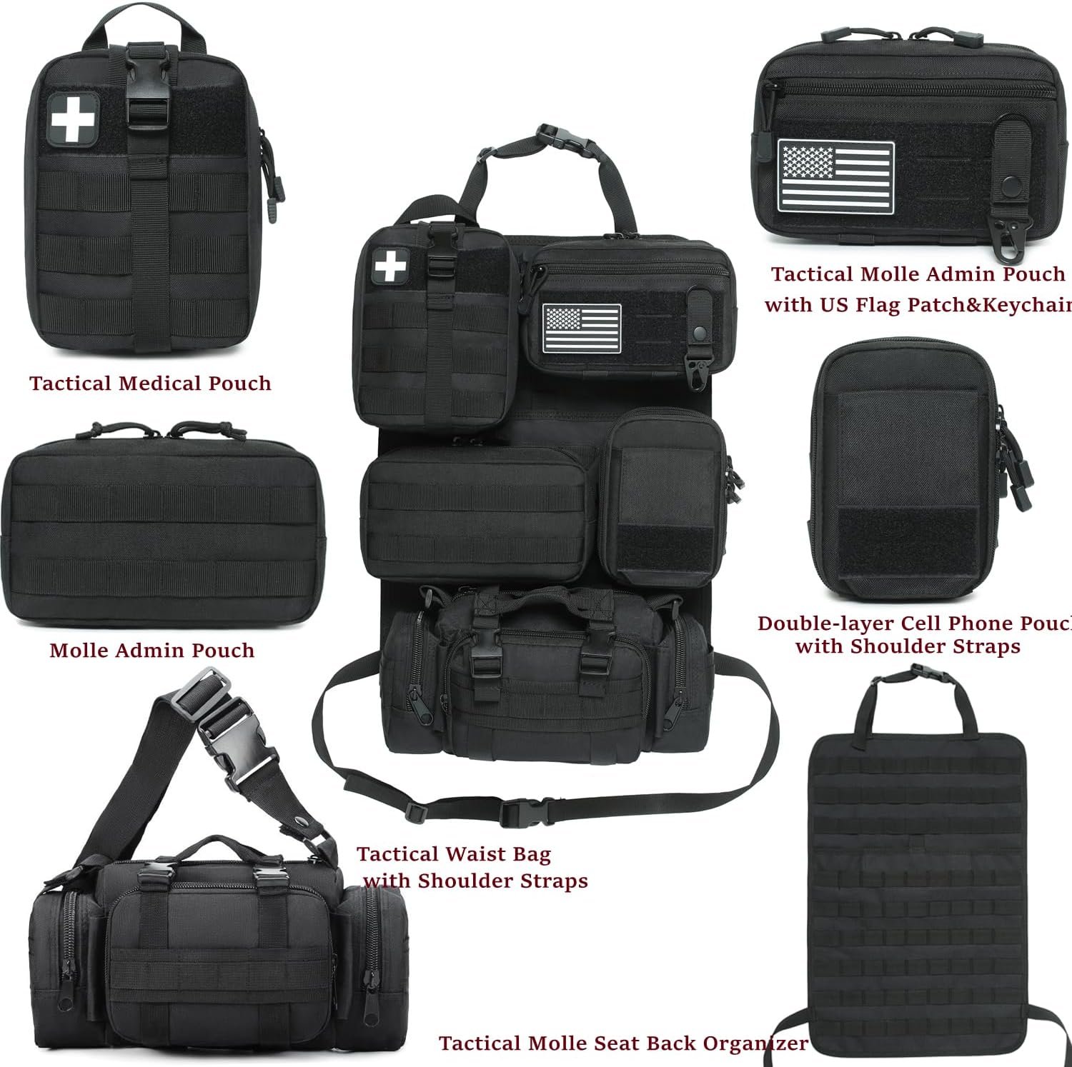 Private Label 6-Pack MOLLE Car Seat Back Organizer - Custom Logo Vehicle Panel Organizer with 5 Detachable MOLLE Pouches, US Flag Patch and Keychain from Manufacturer