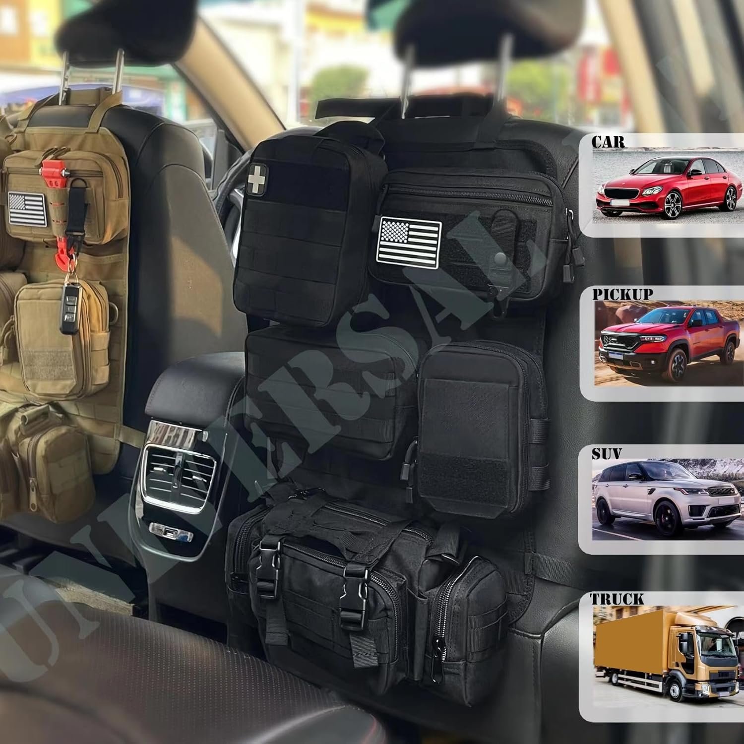 Private Label 6-Pack MOLLE Car Seat Back Organizer - Custom Logo Vehicle Panel Organizer with 5 Detachable MOLLE Pouches, US Flag Patch and Keychain from Manufacturer