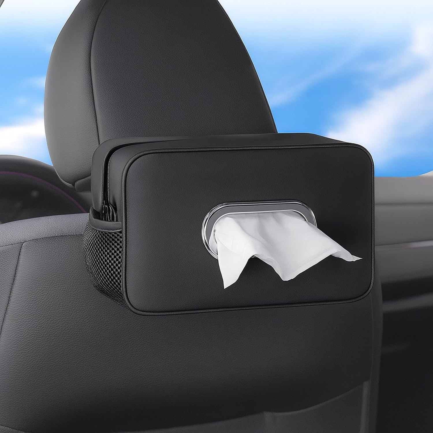 Private Label Multi-Functional Car Tissue Holder with 2 Storage Nets and Custom Logo Upgraded PU Leather Tissue Box Cover Large Rectangle Organizer Fits 100-160 Regular Size Tissues Keeps Car Tidy Black Manufacturer