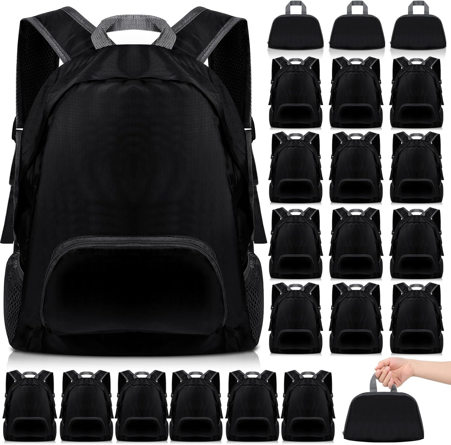Private Label 24 Pcs 20L Foldable Lightweight Backpacks Custom Logo Bulk Wholesale Factory for Homeless Donations Corporate Events Travel Camping Black
