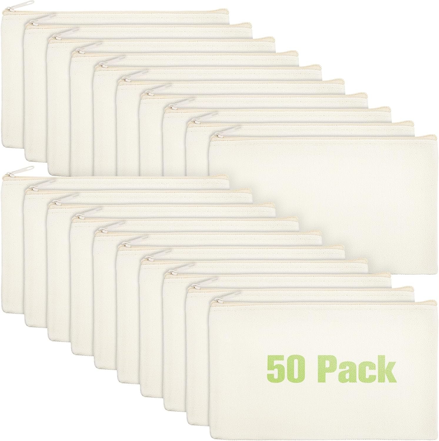 Factory 50 Pack Bulk Small Blank Zipper Pencil Pouch Custom Logo Multipurpose DIY Cosmetic Toiletry Bag Private Label for Graduation Gift Travel Stationery (Beige Zipper)