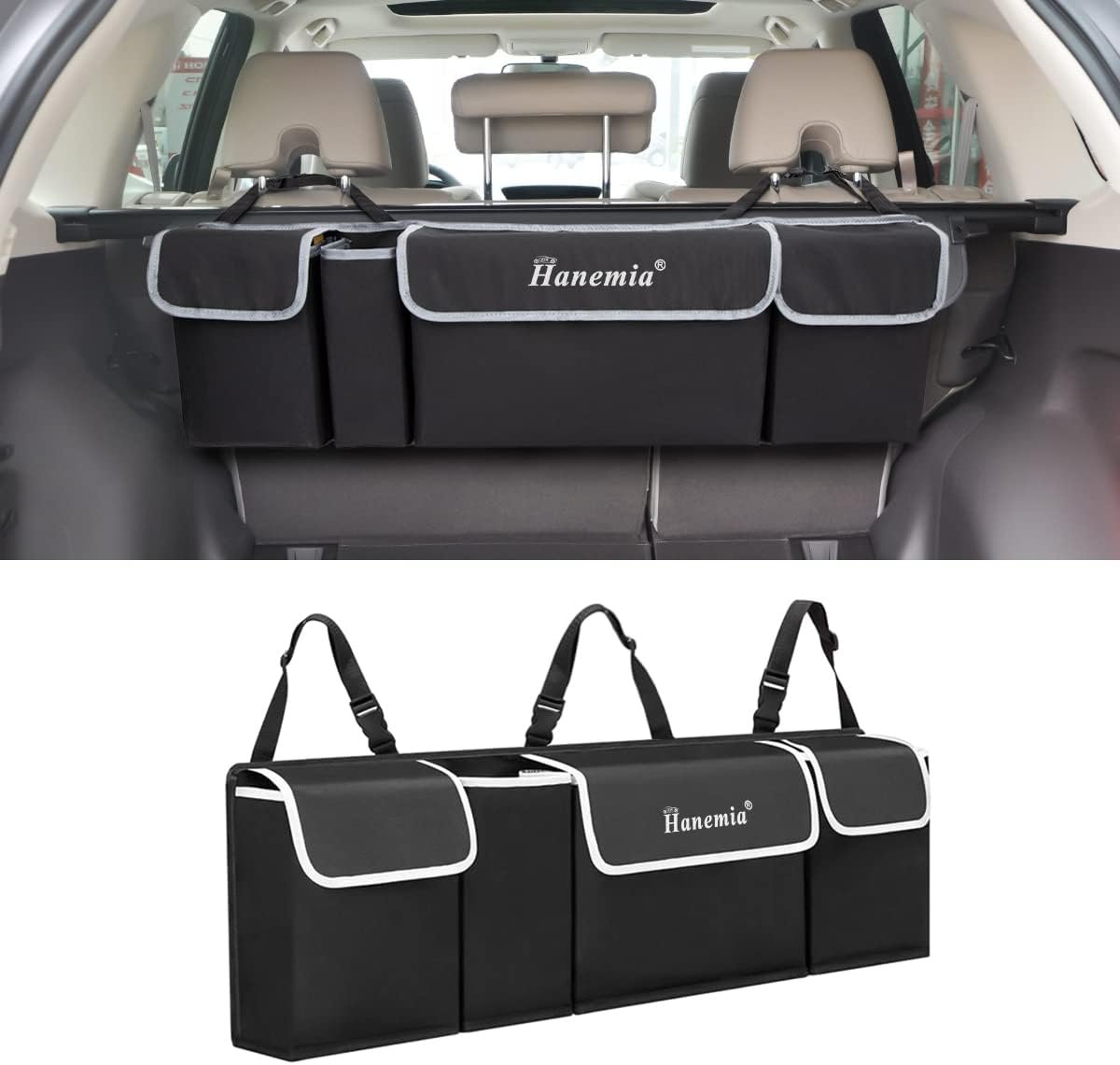 Private Label Car Trunk Organizer Storage, Custom Logo Waterproof Collapsible Backseat Hanging Organizer for SUV Truck MPV with 4 Pockets, Black Car Interior Accessories Manufacturer