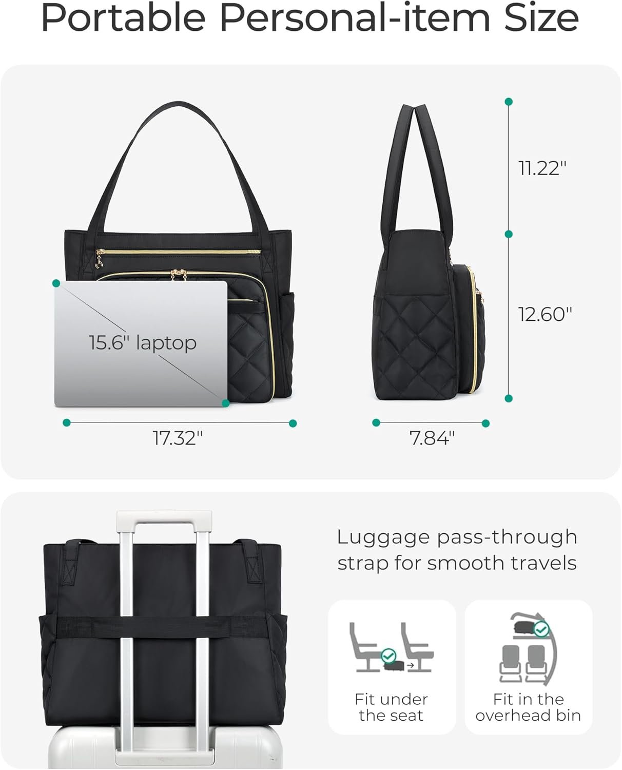 Private Label Black Teacher Tote Bag for Women 15.6in Quilted with Custom Logo & Insulated Pocket Nurse Bag Features Manufacturer