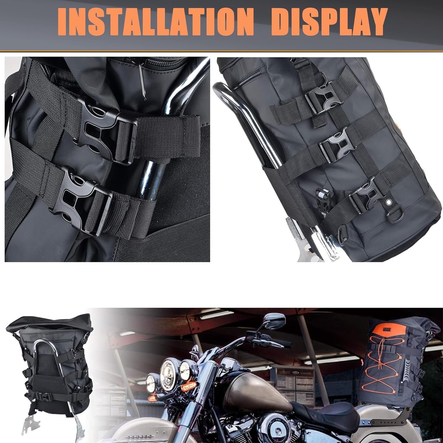 Custom Logo 40L Expandable Motorcycle Sissy Bar Bag Private Label Large Capacity Travel Duffle Backpack with Sissy Bar Straps Manufacturer Black