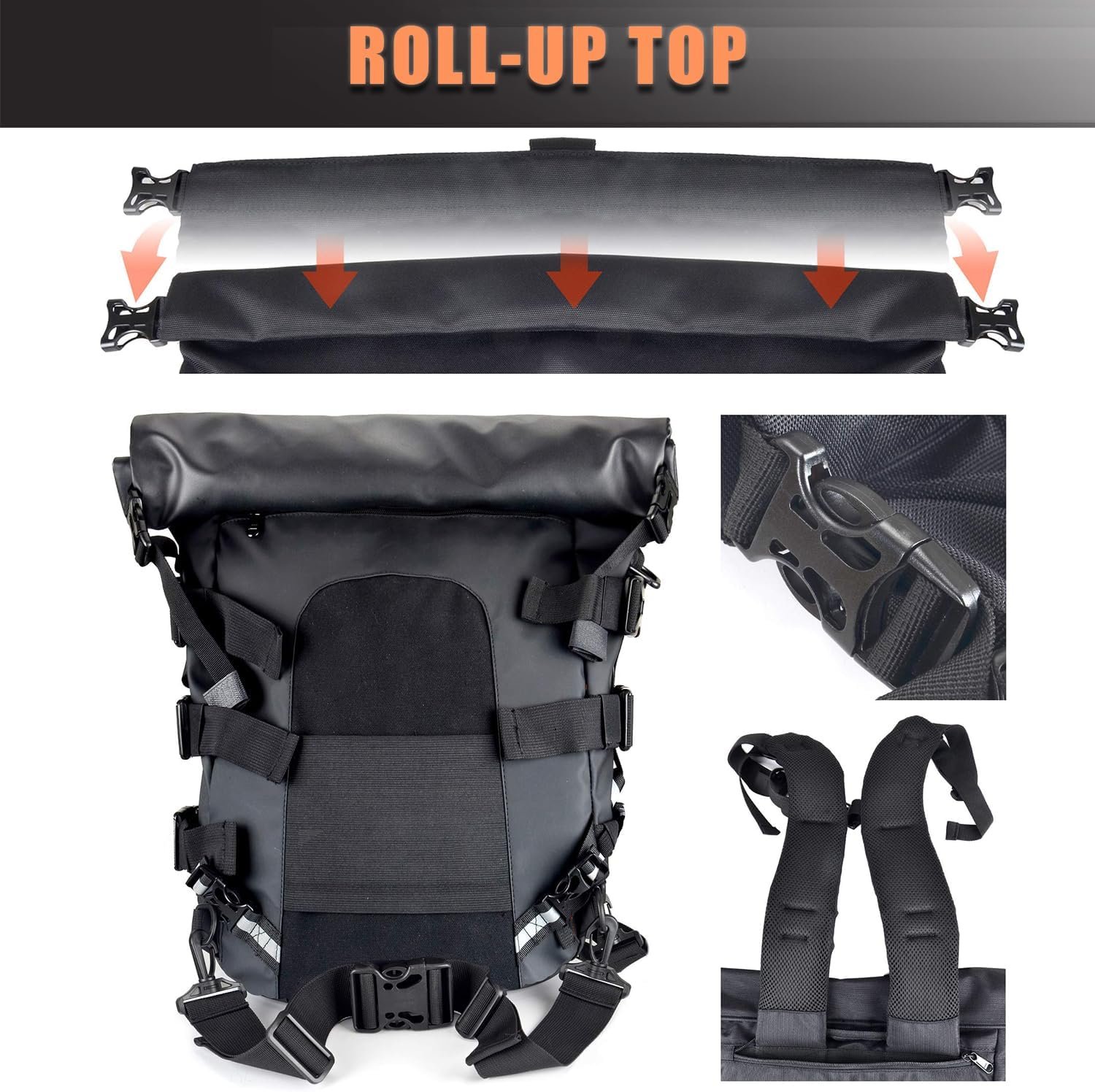 Custom Logo 40L Expandable Motorcycle Sissy Bar Bag Private Label Large Capacity Travel Duffle Backpack with Sissy Bar Straps Manufacturer Black