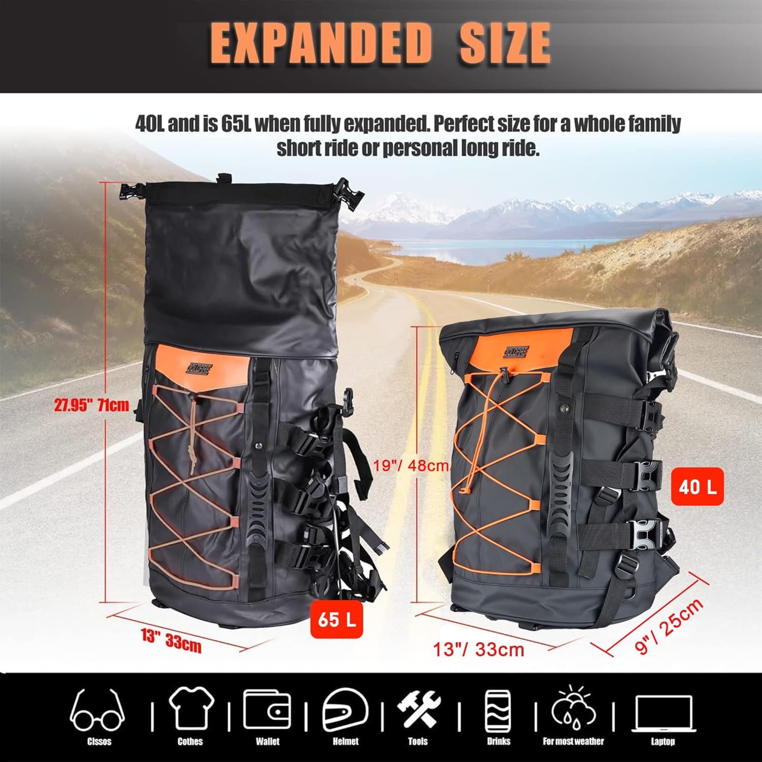 Custom Logo 40L Expandable Motorcycle Sissy Bar Bag Private Label Large Capacity Travel Duffle Backpack with Sissy Bar Straps Manufacturer Black