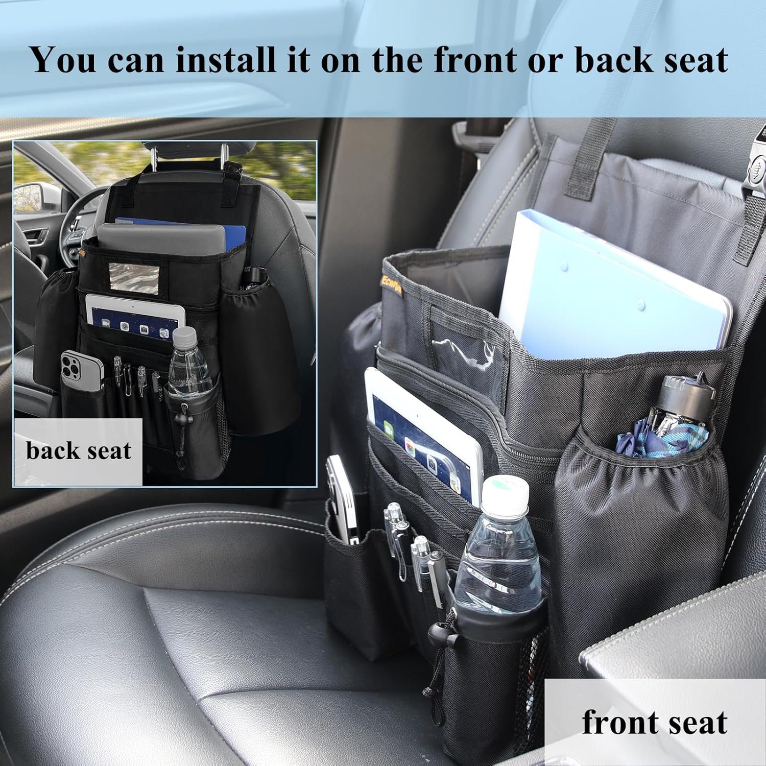 Custom Logo Car Front Seat File Organizer for Law Enforcement - Private Label Passenger Seat Storage Bag - Factory Vehicle Storage with Dedicated Laptop Tablet Holder and Cup Holder Black