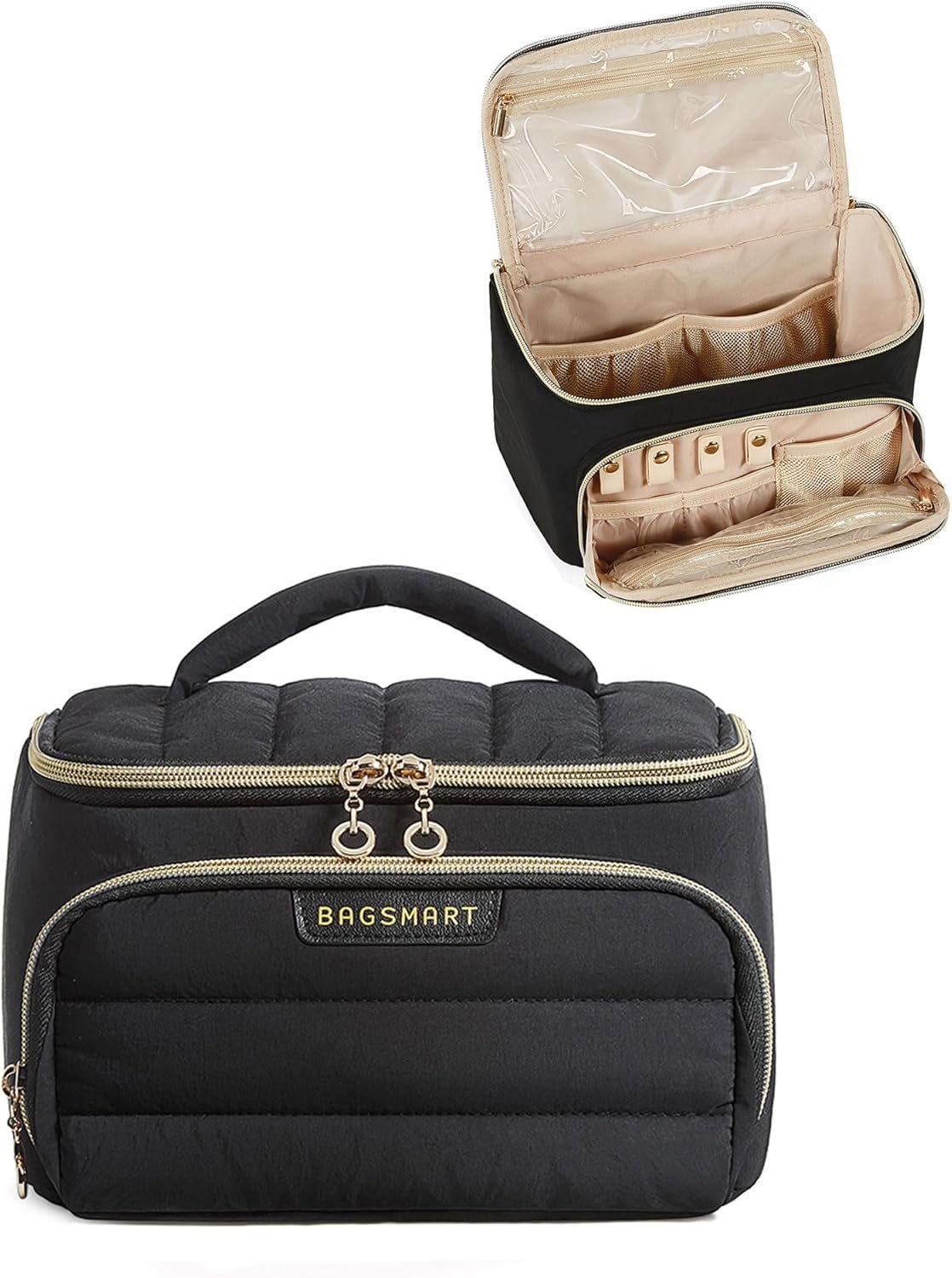 Custom Logo Travel Makeup Bag with Jewelry Organizer, Private Label Portable Puffy Wide-Opening Cosmetic Storage Pouch Manufacturer for Women’s Toiletries and Travel Essentials (Black)