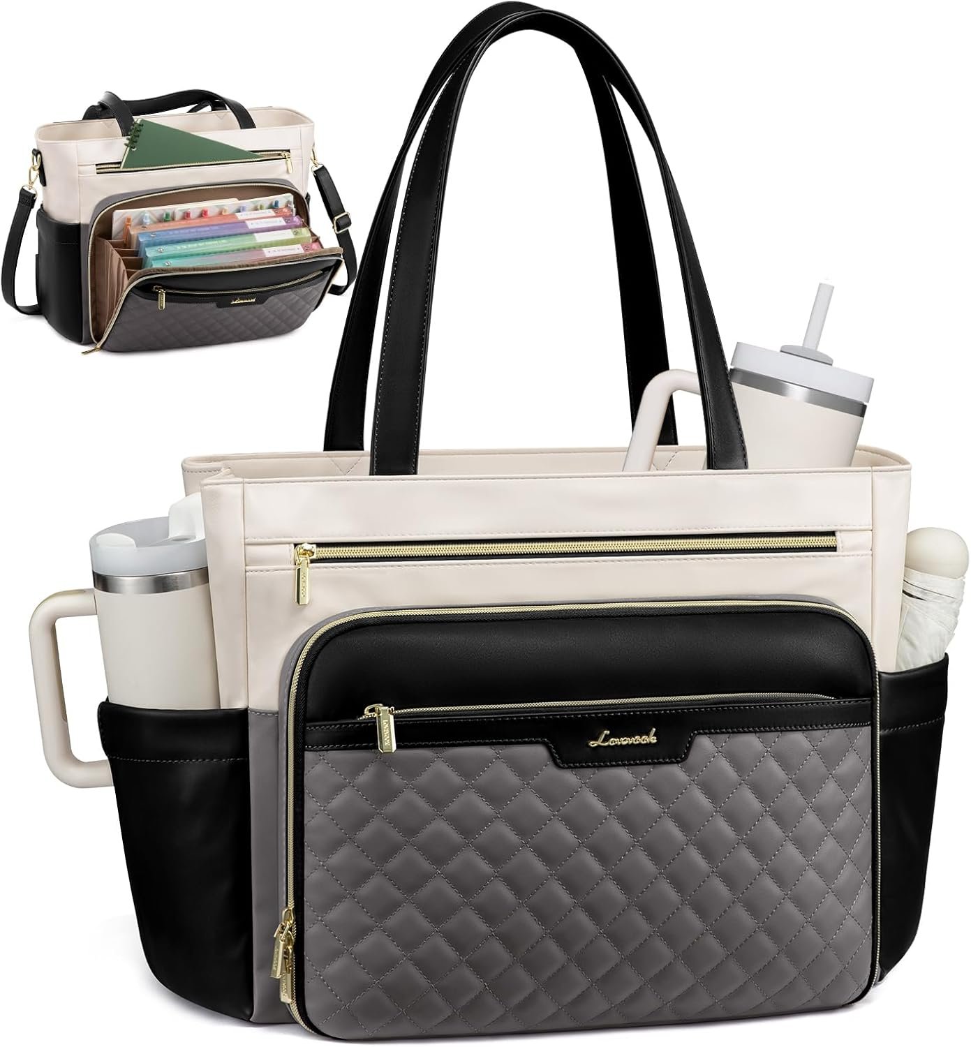 Custom Logo Teacher Tote Bag Soft PU Leather Private Label Quilted Laptop Work Briefcase with Accordion File Pocket Large Cup Holder Manufacturer