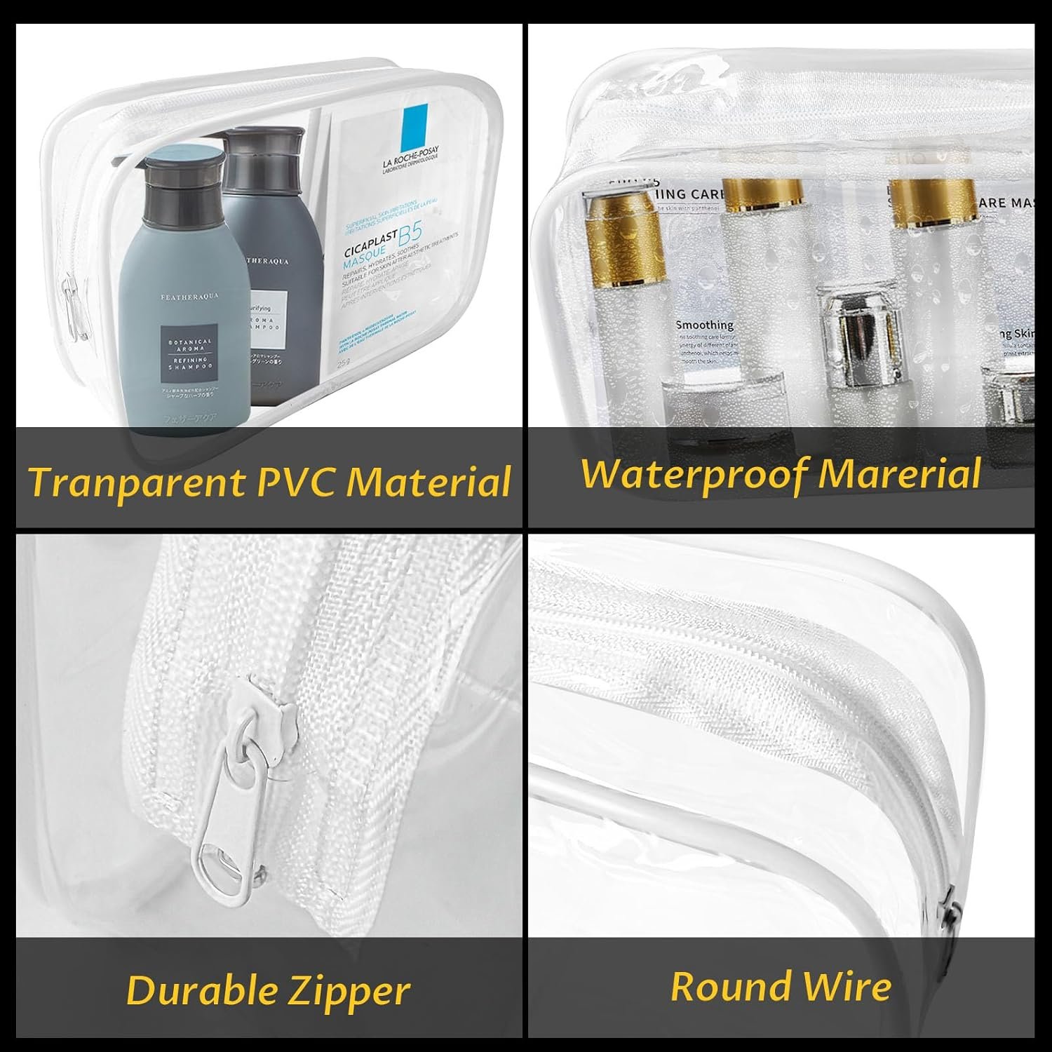 Custom Logo 16 Pieces Clear Makeup Bags Bulk TSA Approved for Travel, Private Label PVC Waterproof Toiletry Cosmetic Pouches with Zipper for Men and Women Carry-On Essentials, Manufacturer White-M