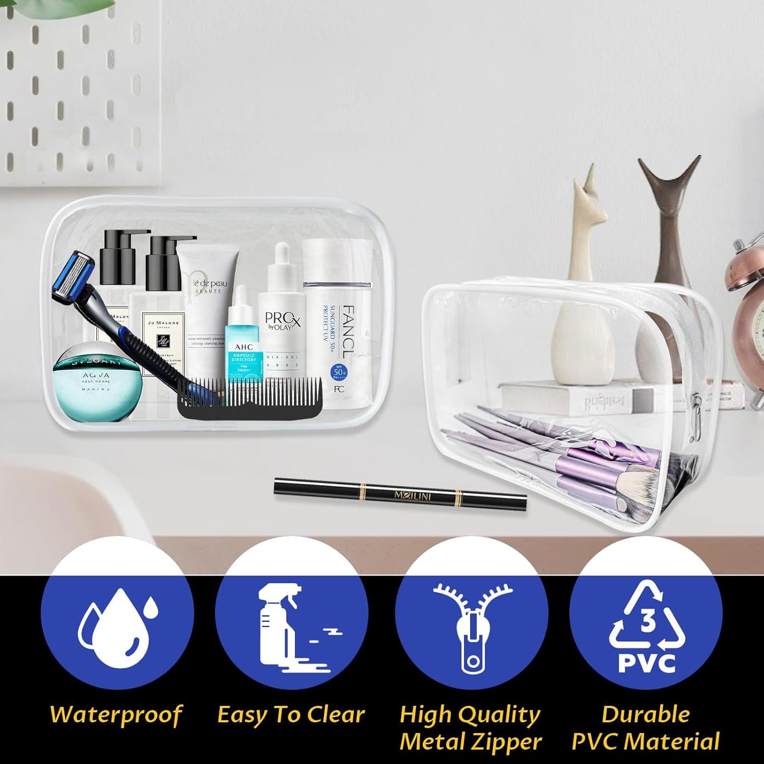Custom Logo 16 Pieces Clear Makeup Bags Bulk TSA Approved for Travel, Private Label PVC Waterproof Toiletry Cosmetic Pouches with Zipper for Men and Women Carry-On Essentials, Manufacturer White-M