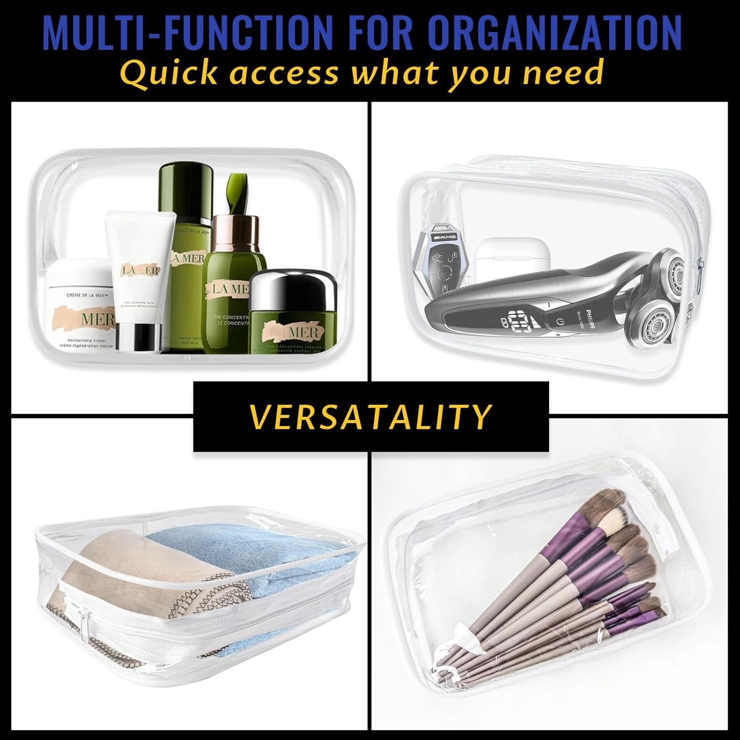 Custom Logo 16 Pieces Clear Makeup Bags Bulk TSA Approved for Travel, Private Label PVC Waterproof Toiletry Cosmetic Pouches with Zipper for Men and Women Carry-On Essentials, Manufacturer White-M