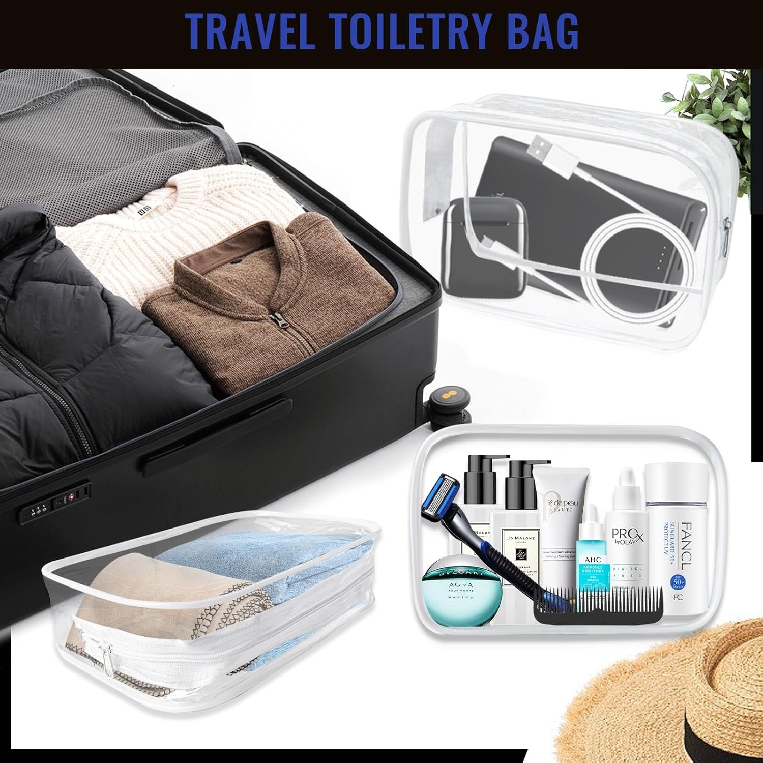 Custom Logo 16 Pieces Clear Makeup Bags Bulk TSA Approved for Travel, Private Label PVC Waterproof Toiletry Cosmetic Pouches with Zipper for Men and Women Carry-On Essentials, Manufacturer White-M