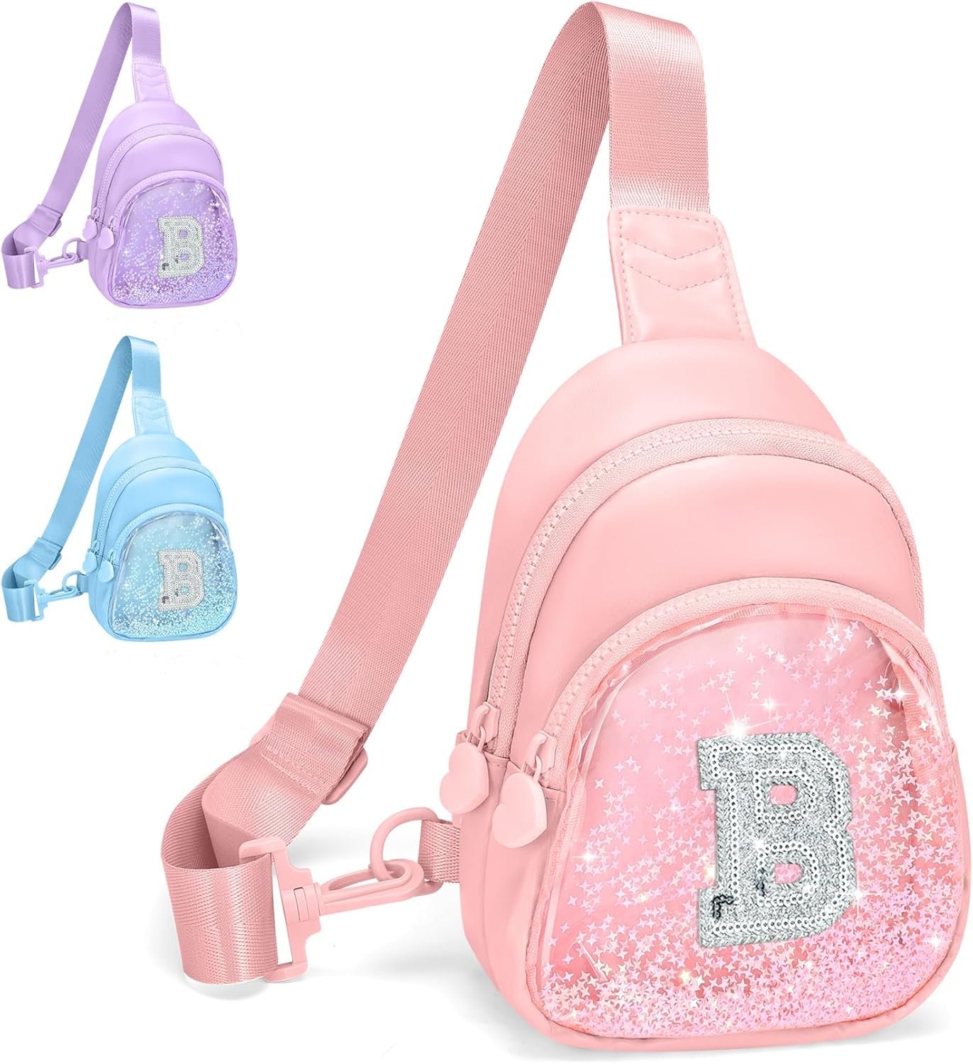 Custom Logo Glitter Initial Sling Bag for Tween Girls 6-14 Adjustable Strap 24"-41" Private Label Personalized Crossbody Pink Letter B Factory