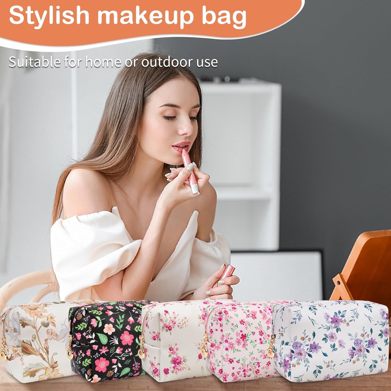 Custom Logo Floral Waterproof Leather Makeup Bag with Compartments Private Label Zipper Cosmetic Pouch Organizer Portable Travel Toiletry Bag Manufacturer Pink Flower for Women