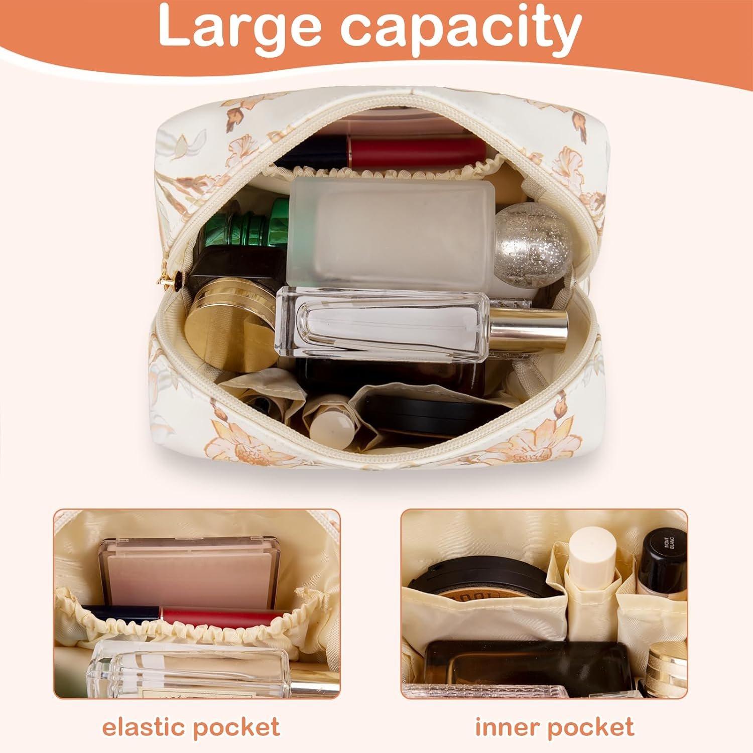 Custom Logo Floral Waterproof Leather Makeup Bag with Compartments Private Label Zipper Cosmetic Pouch Organizer Portable Travel Toiletry Bag Manufacturer Pink Flower for Women