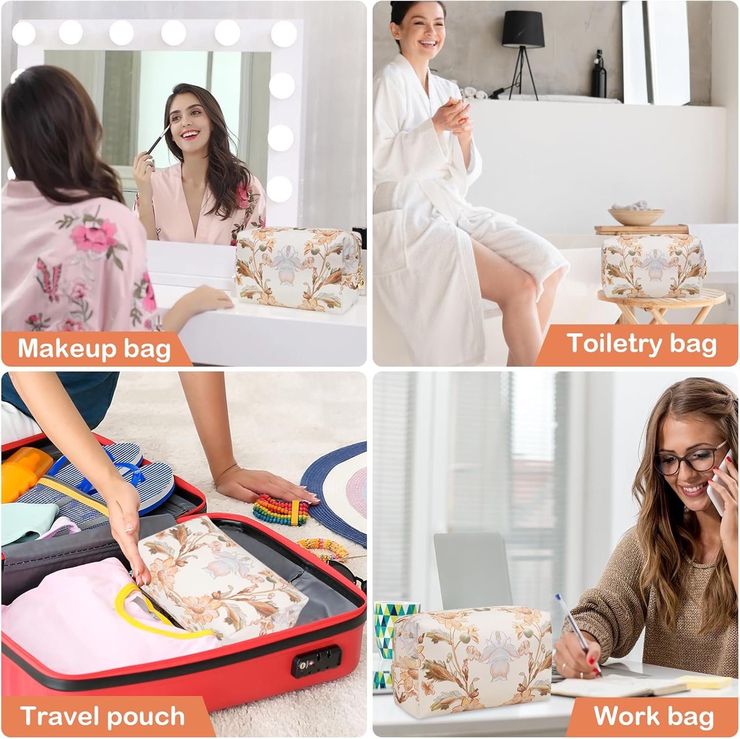 Custom Logo Floral Waterproof Leather Makeup Bag with Compartments Private Label Zipper Cosmetic Pouch Organizer Portable Travel Toiletry Bag Manufacturer Pink Flower for Women