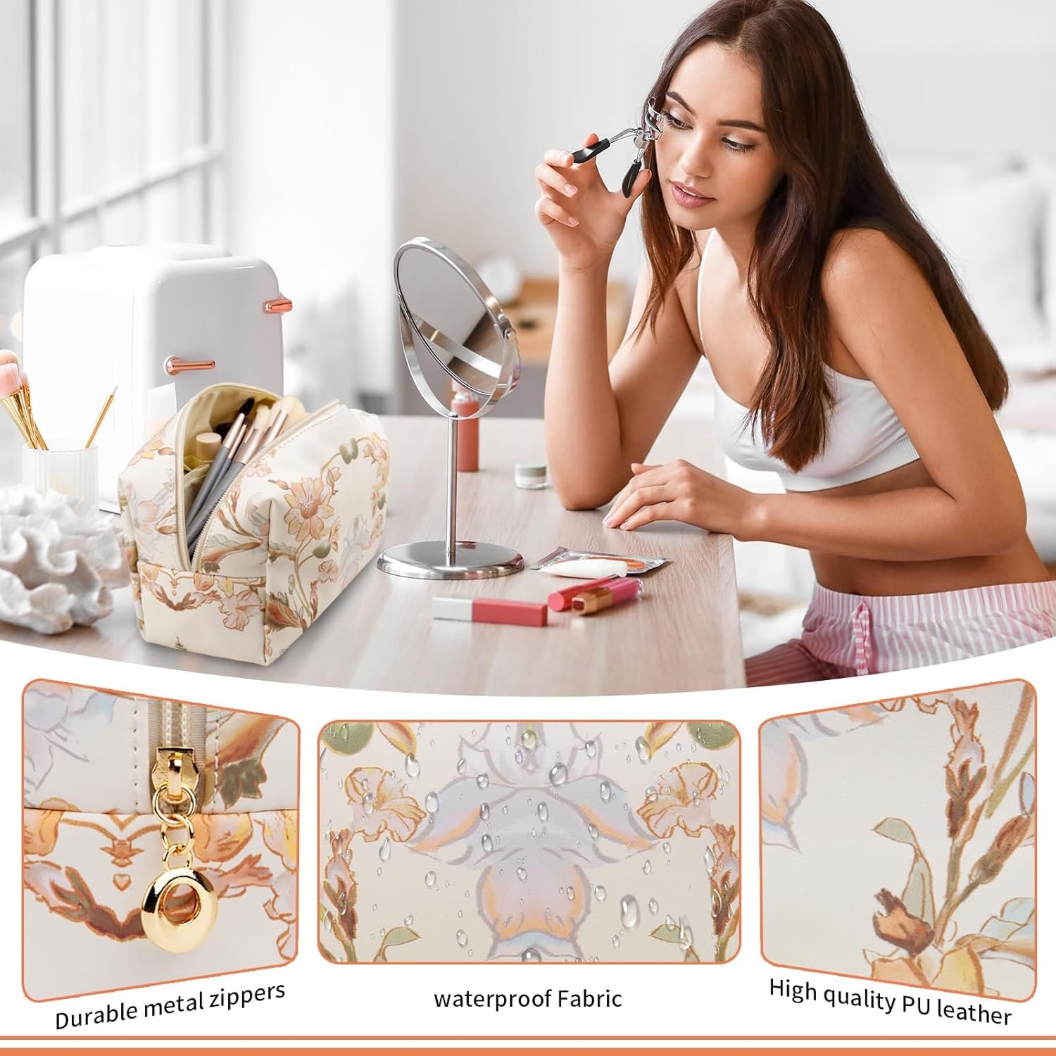 Custom Logo Floral Waterproof Leather Makeup Bag with Compartments Private Label Zipper Cosmetic Pouch Organizer Portable Travel Toiletry Bag Manufacturer Pink Flower for Women