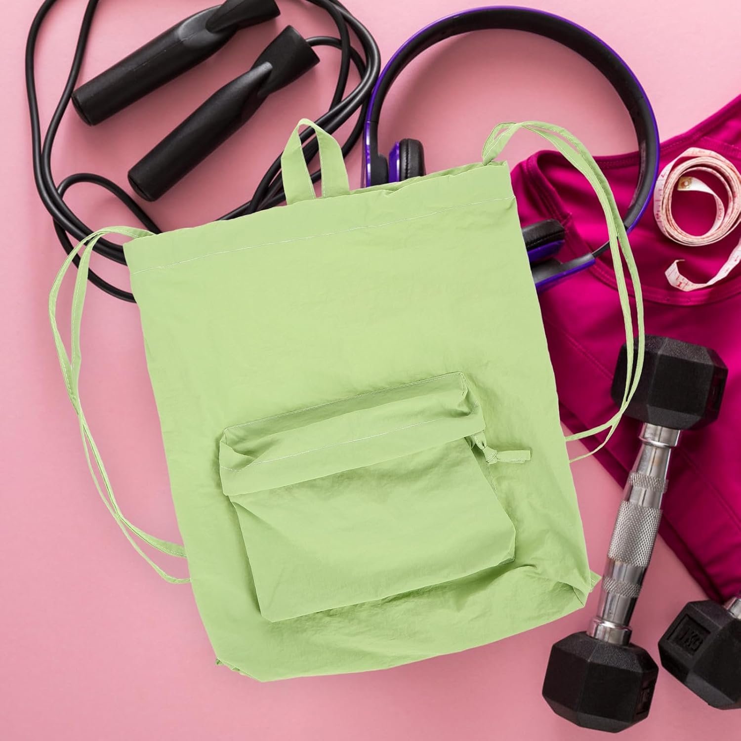 Private Label Drawstring Backpack Nylon Sports String Bag Water Resistant Gym Tote Custom Logo Unisex Lightweight Casual Daypack Factory for Travel School Outdoor Use Green