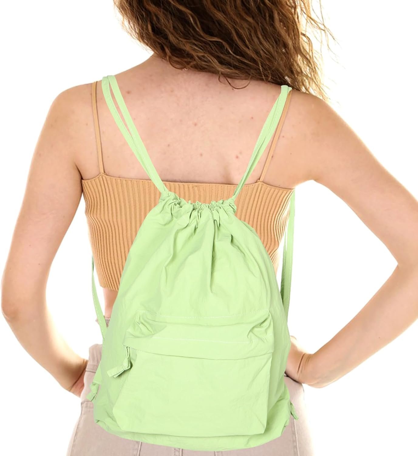 Private Label Drawstring Backpack Nylon Sports String Bag Water Resistant Gym Tote Custom Logo Unisex Lightweight Casual Daypack Factory for Travel School Outdoor Use Green