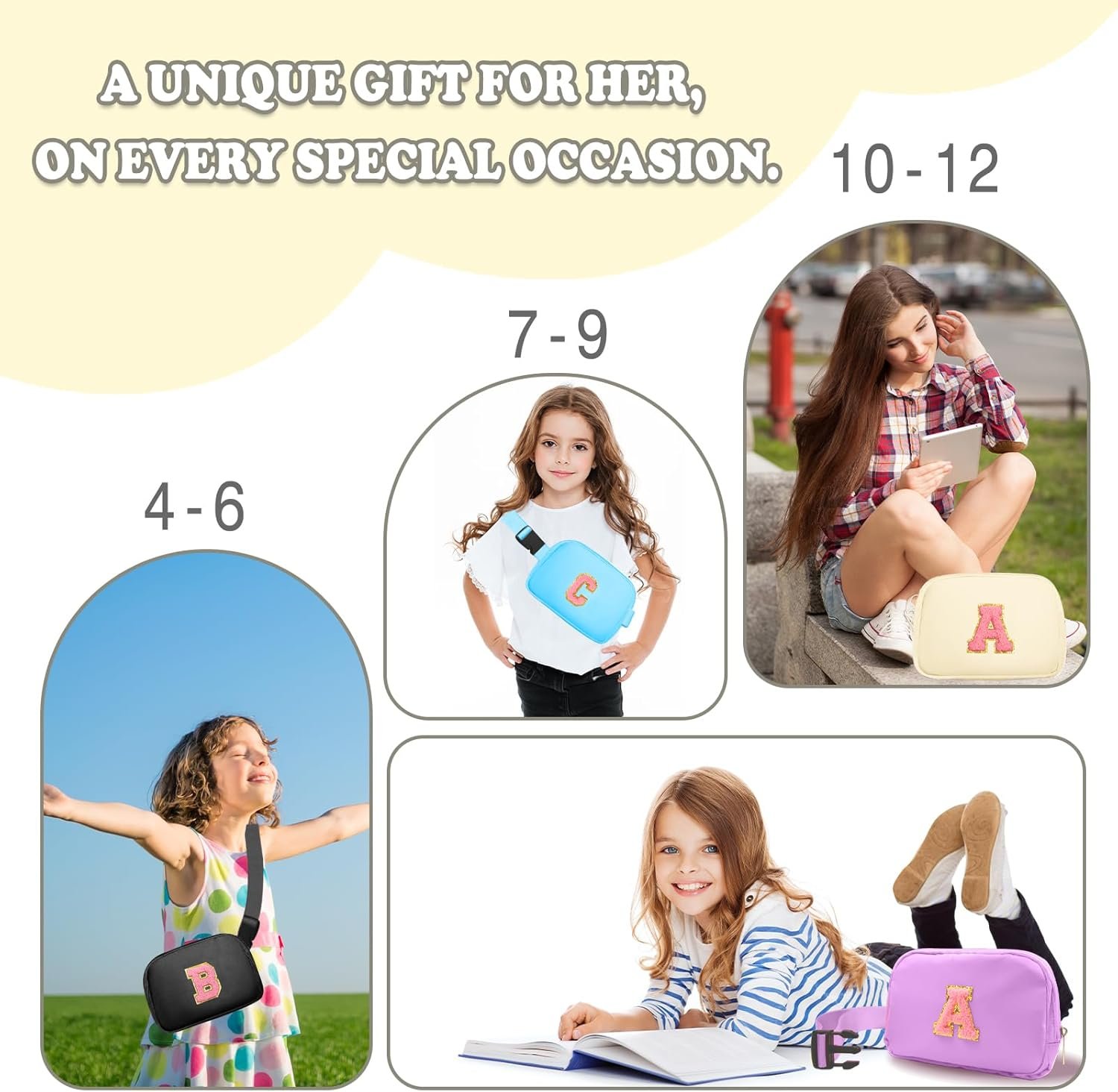 Custom Logo Crossbody Bags Fanny Packs with Initial Letter Patch Private Label Birthday Gifts for 4 5 6 7 8 9 10 11 12 13 Year Old Girls Teens (C, Cream) Manufacturer