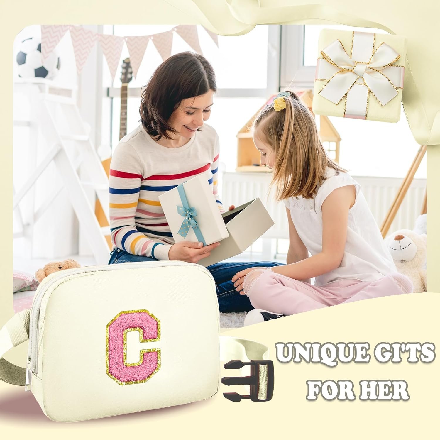 Custom Logo Crossbody Bags Fanny Packs with Initial Letter Patch Private Label Birthday Gifts for 4 5 6 7 8 9 10 11 12 13 Year Old Girls Teens (C, Cream) Manufacturer