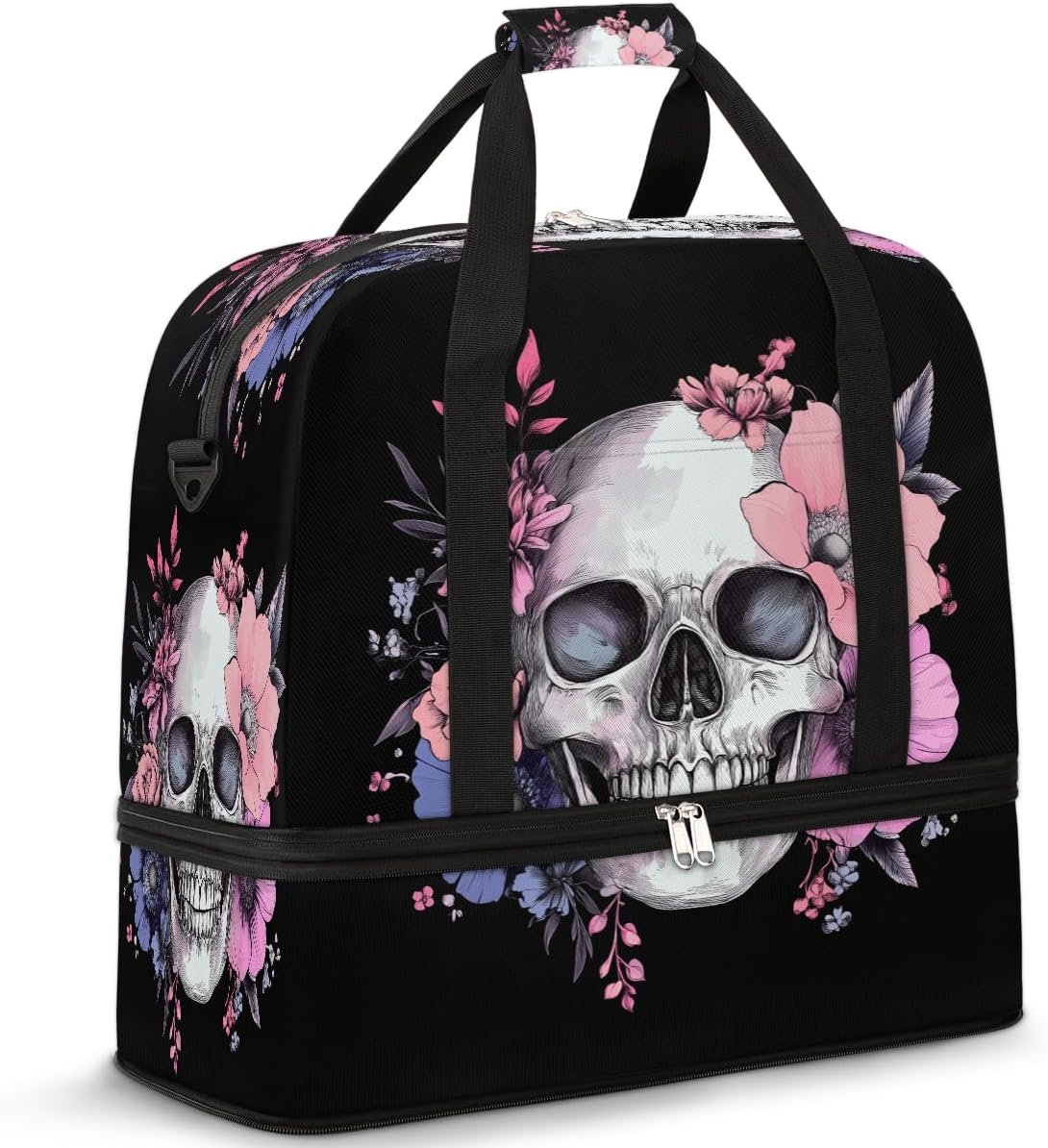 Private Label Sugar Skull Flower Halloween Sports Gym Duffel Bag with Shoes Compartment Waterproof Workout Weekender Overnight Custom Logo Yoga Dance Tote Bag Manufacturer for Men Women