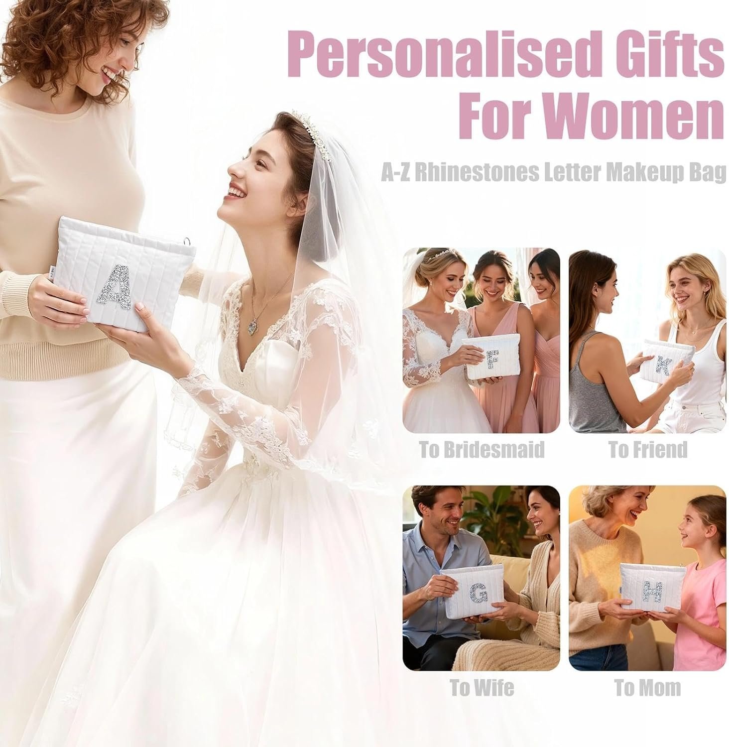 Custom Logo Personalized Makeup Cosmetic Bags - Private Label Manufacturer for Birthday Gifts for Women Moms Best Friends Brides Bridesmaids (A, Diamond)