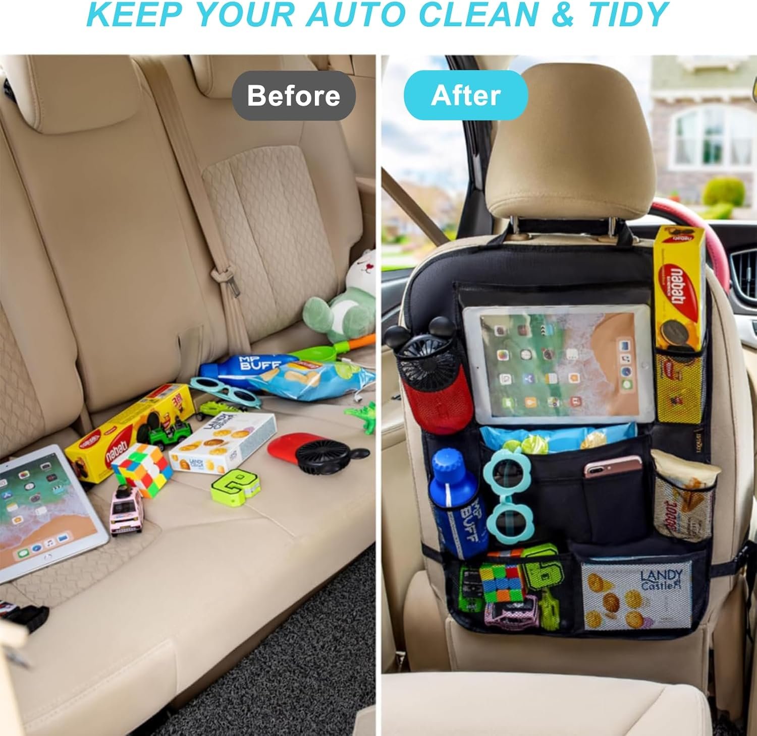 Custom Logo Back Seat Car Organizer with 9 Storage Pockets and 10″ Tablet Holder Private Label Seat Back Protector for Kids Toddlers Kick Mats Manufacturer
