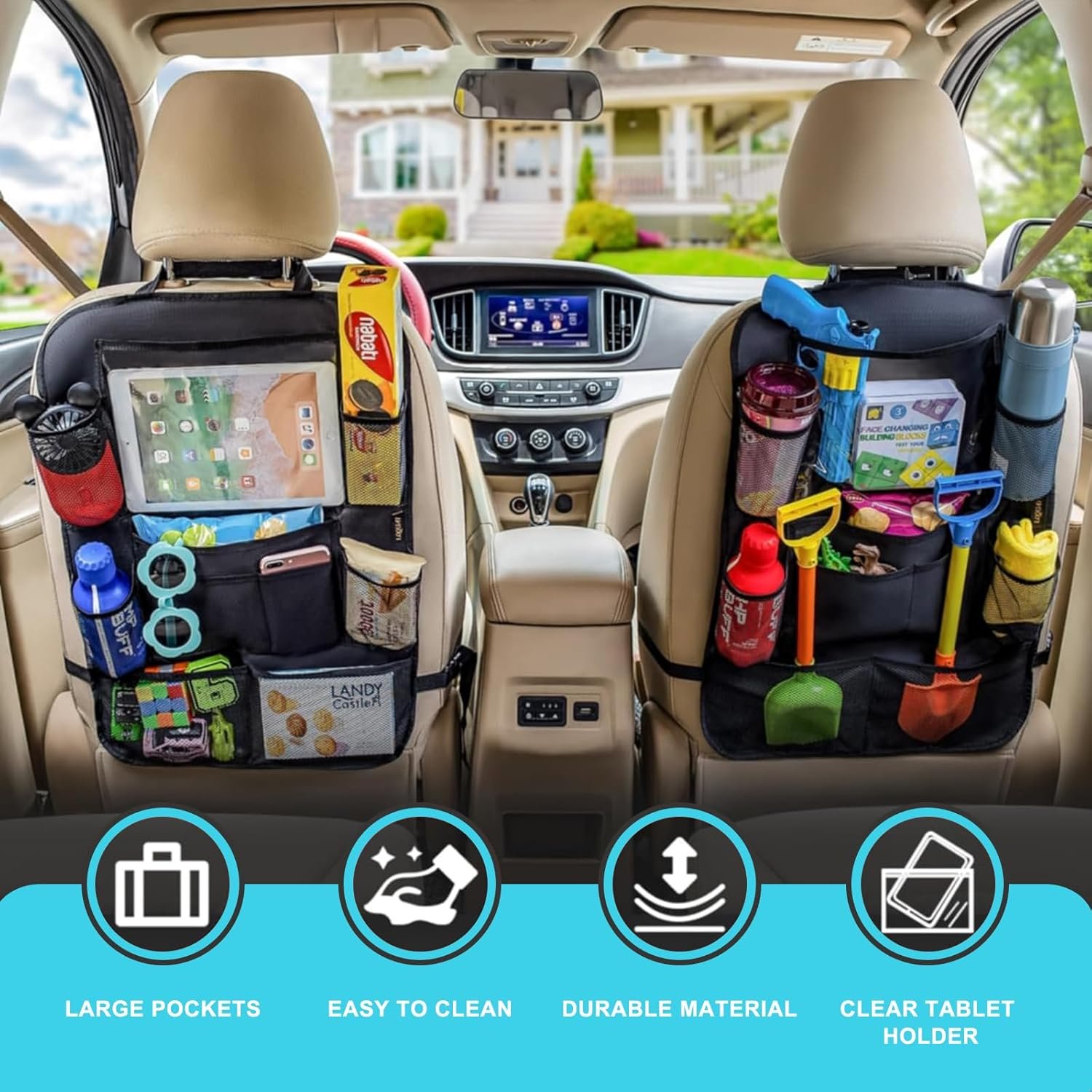 Custom Logo Back Seat Car Organizer with 9 Storage Pockets and 10″ Tablet Holder Private Label Seat Back Protector for Kids Toddlers Kick Mats Manufacturer