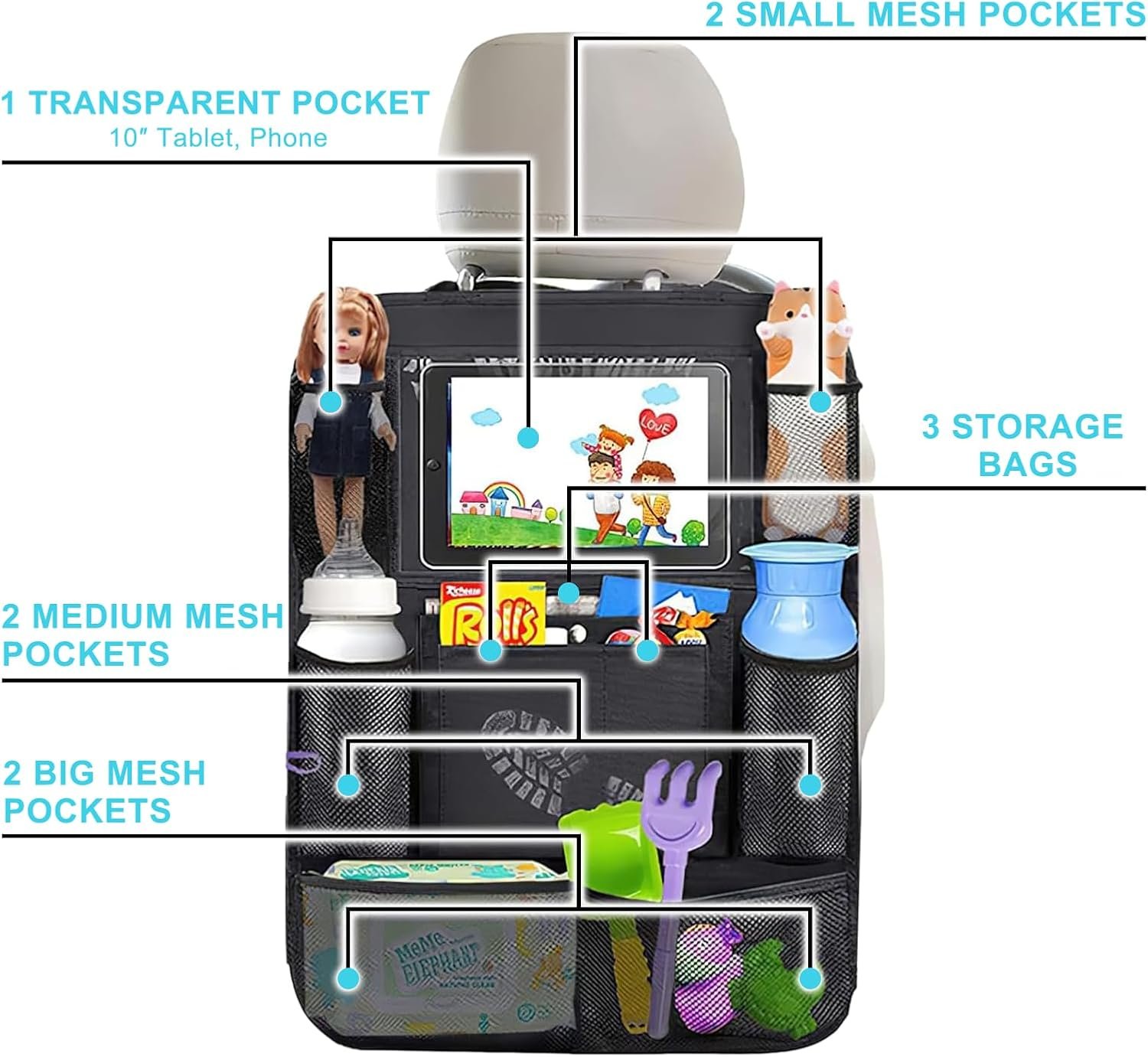 Custom Logo Back Seat Car Organizer with 9 Storage Pockets and 10″ Tablet Holder Private Label Seat Back Protector for Kids Toddlers Kick Mats Manufacturer