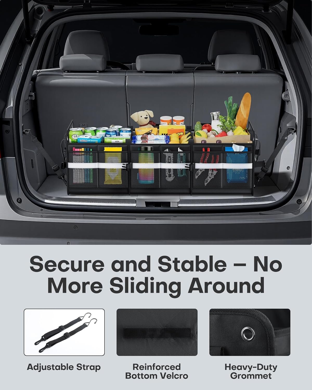 Factory Direct Trunk Organizer for SUV Collapsible Car Storage Box with Reflective Strips Custom Logo Large Capacity Essential Accessories for Truck Van Sedan Private Label Black 33.1