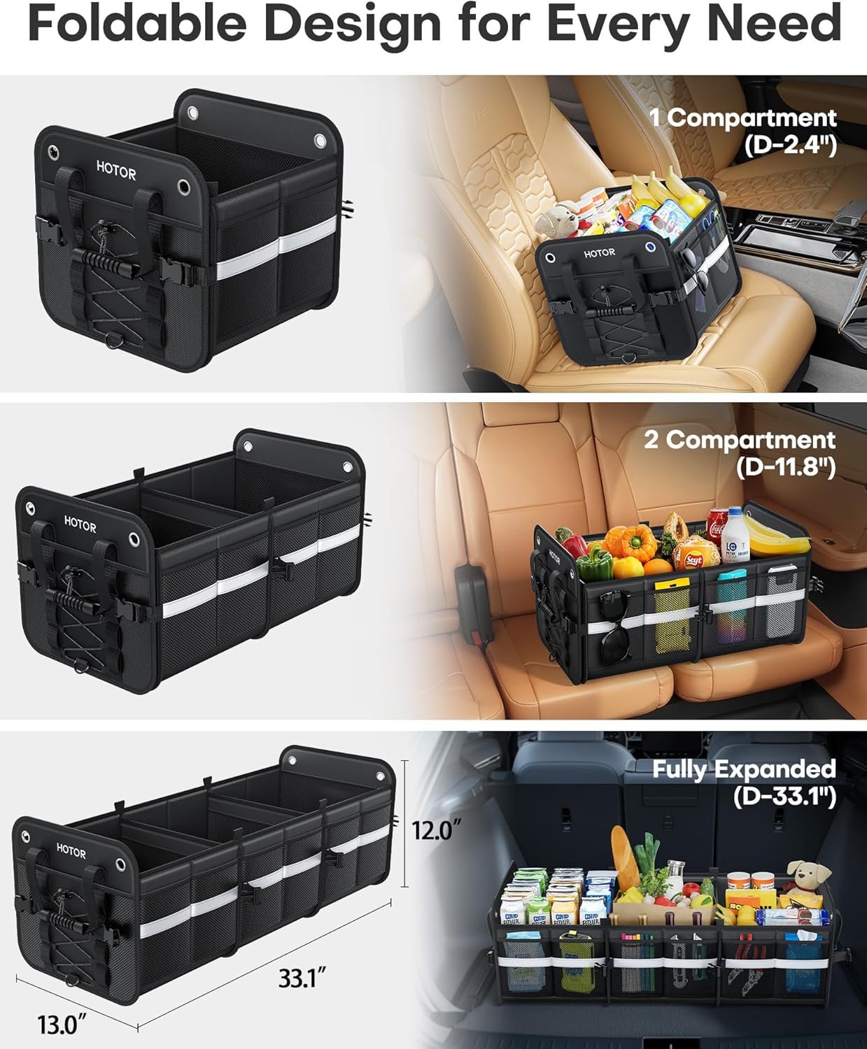 Factory Direct Trunk Organizer for SUV Collapsible Car Storage Box with Reflective Strips Custom Logo Large Capacity Essential Accessories for Truck Van Sedan Private Label Black 33.1