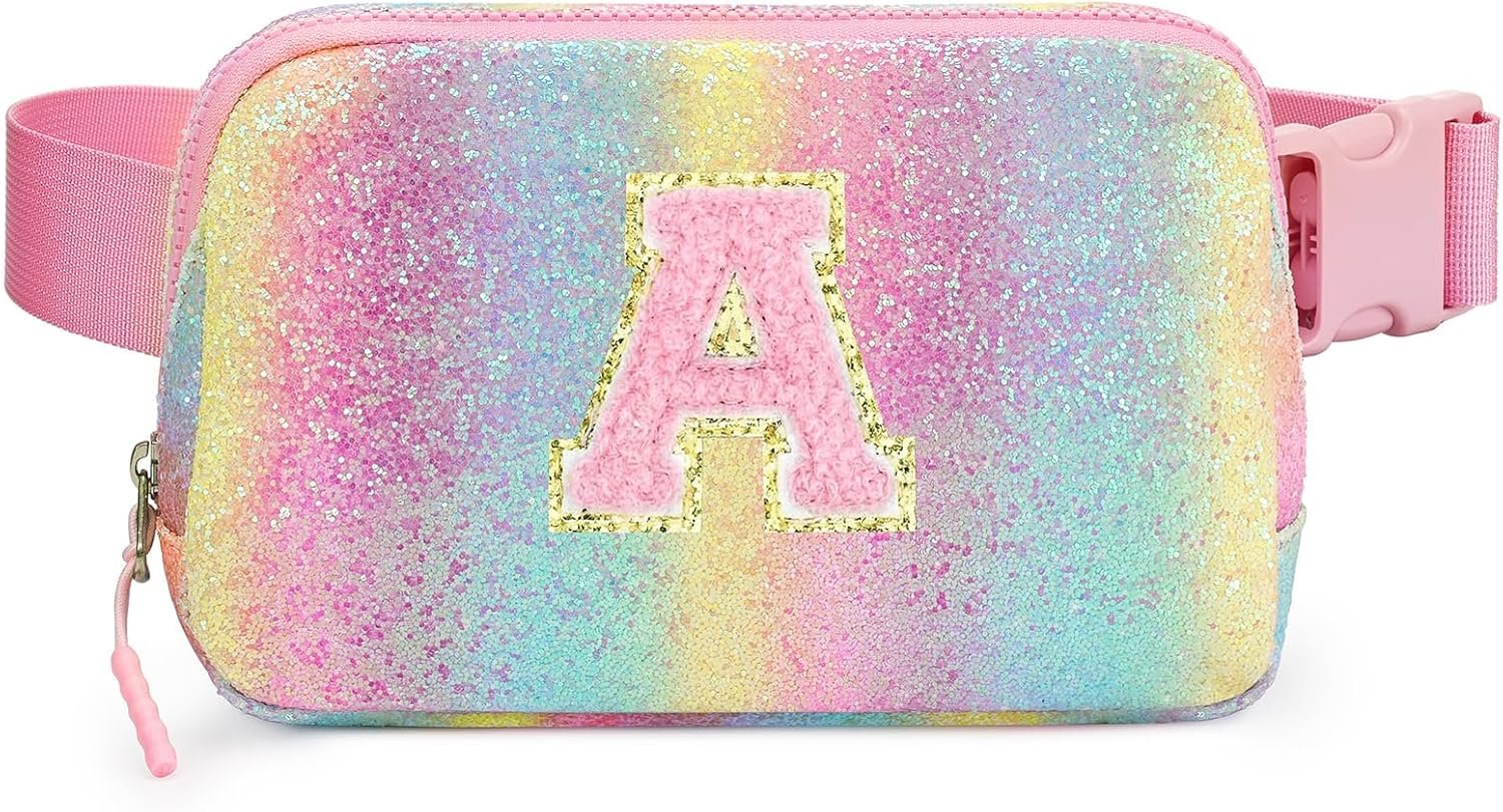Custom Logo Teen Easter Basket Stuffers Birthday Gifts for 5 6 7 8 9 10 11 12 Year Old Girls Teens Kids Private Label Glitter Initial Fanny Pack Personalized Belt Crossbody Bag Trendy Rainbow A Manufacturer