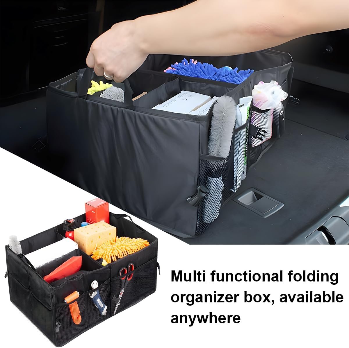 Private Label Collapsible Multi-Compartment Car Trunk Organizer with Custom Logo Waterproof Adjustable Manufacturer Vehicle Storage Box Universal for SUV Sedan Truck Black