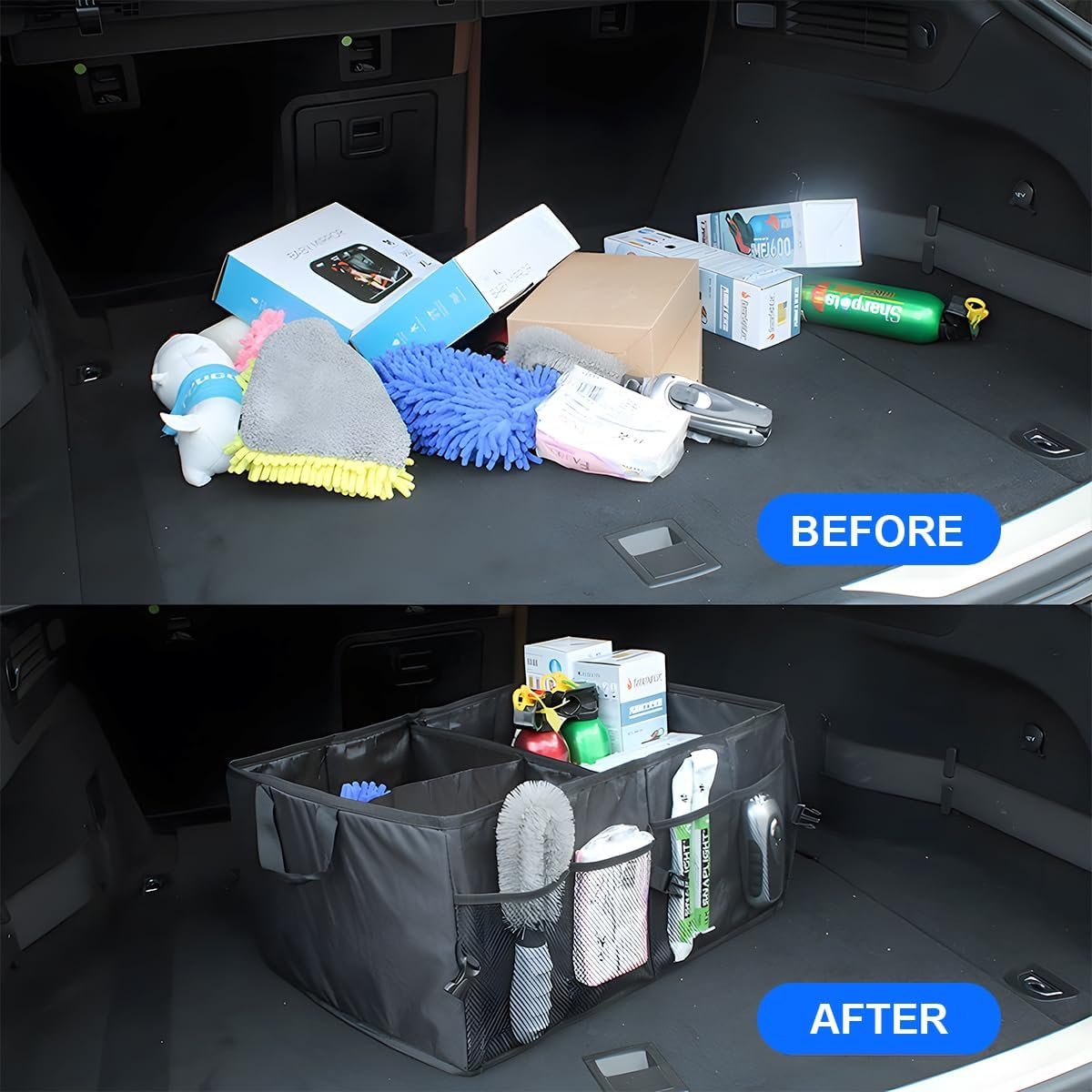 Private Label Collapsible Multi-Compartment Car Trunk Organizer with Custom Logo Waterproof Adjustable Manufacturer Vehicle Storage Box Universal for SUV Sedan Truck Black