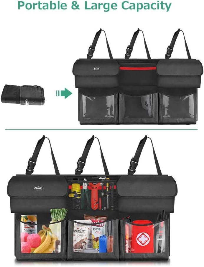 Private Label Foldable Back Seat Trunk Hanging Car Organizer Cargo Storage with Custom Logo 6 Large Pockets and 3 Adjustable Straps 40x19inch Manufacturer Direct