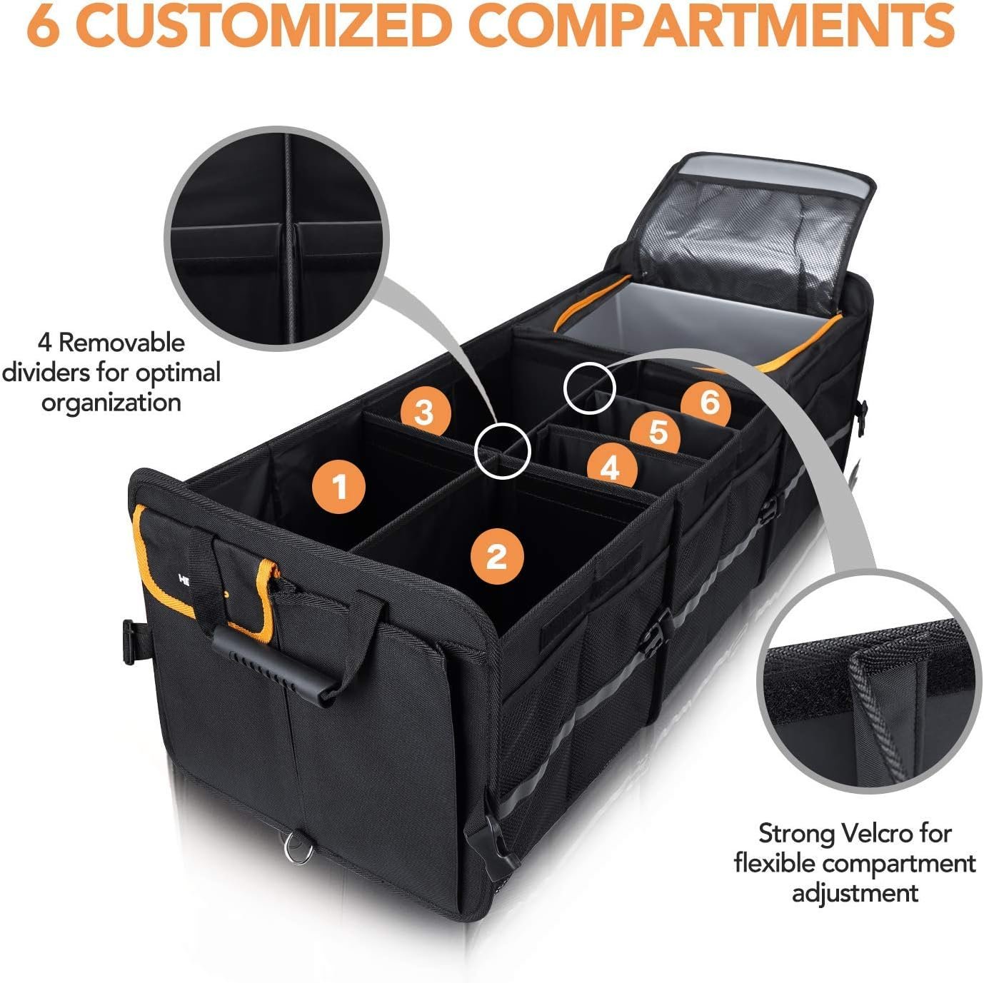 Private Label Large Trunk Organizer Custom Logo Built-in Leakproof Cooler Bag 2 Tie-Down Straps 4 Removable Dividers Foldable Cover 2mm PE Board Manufacturer