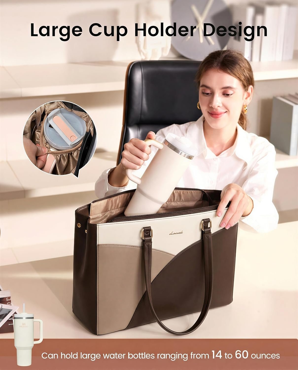 Custom Logo 15.6 Inch Waterproof Womens Laptop Tote Bag Leather Work Teacher Briefcase Private Label Manufacturer White Chestnut Curry