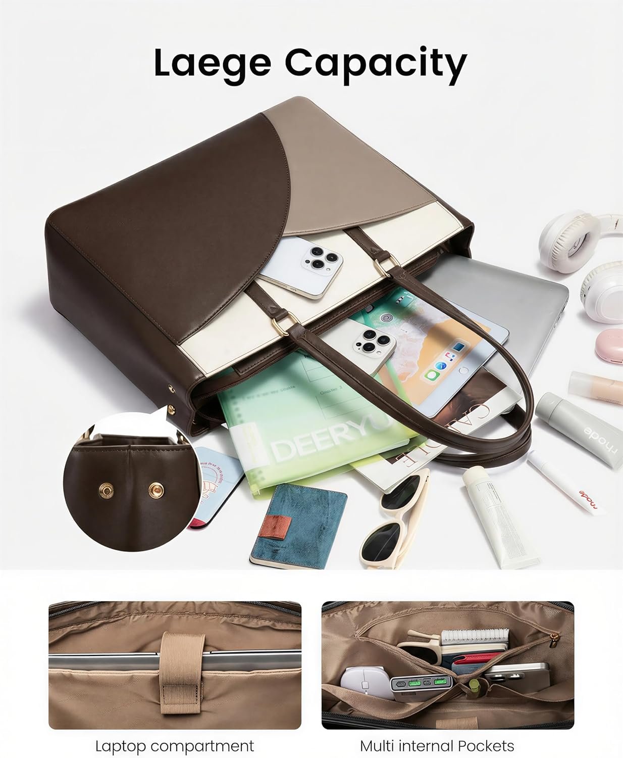 Custom Logo 15.6 Inch Waterproof Womens Laptop Tote Bag Leather Work Teacher Briefcase Private Label Manufacturer White Chestnut Curry