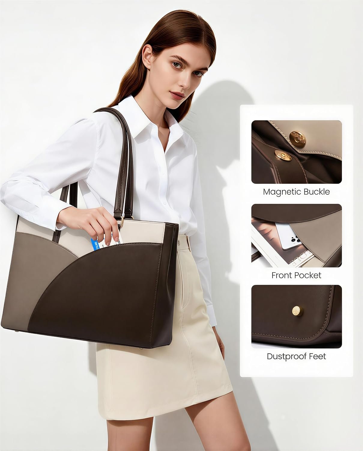 Custom Logo 15.6 Inch Waterproof Womens Laptop Tote Bag Leather Work Teacher Briefcase Private Label Manufacturer White Chestnut Curry