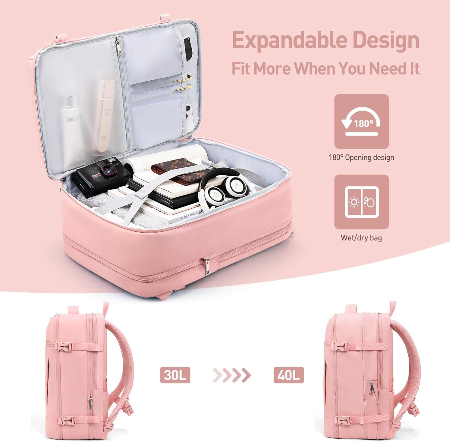 Custom Logo Laptop Backpack for 17 Inch Laptop 40L Expandable Private Label TSA Carry On Travel Bag with Padded Laptop Compartment Water Resistant College Commuter Pink from Factory